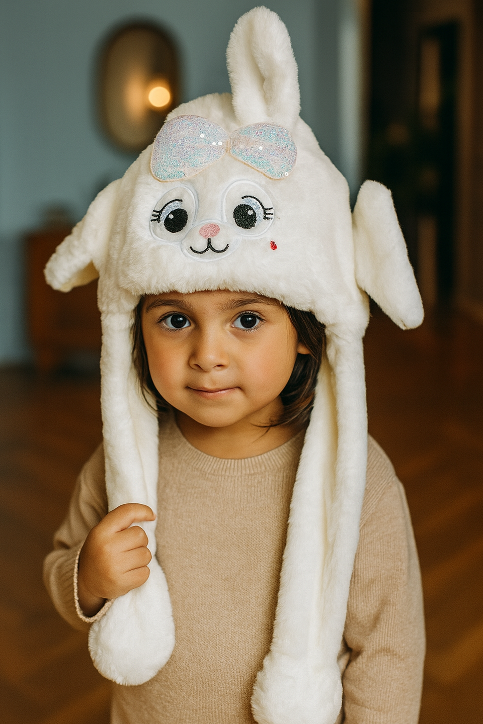 Beyaz Renk Tavşan Figürlü Kulakları Oynayan Peluş Şapka