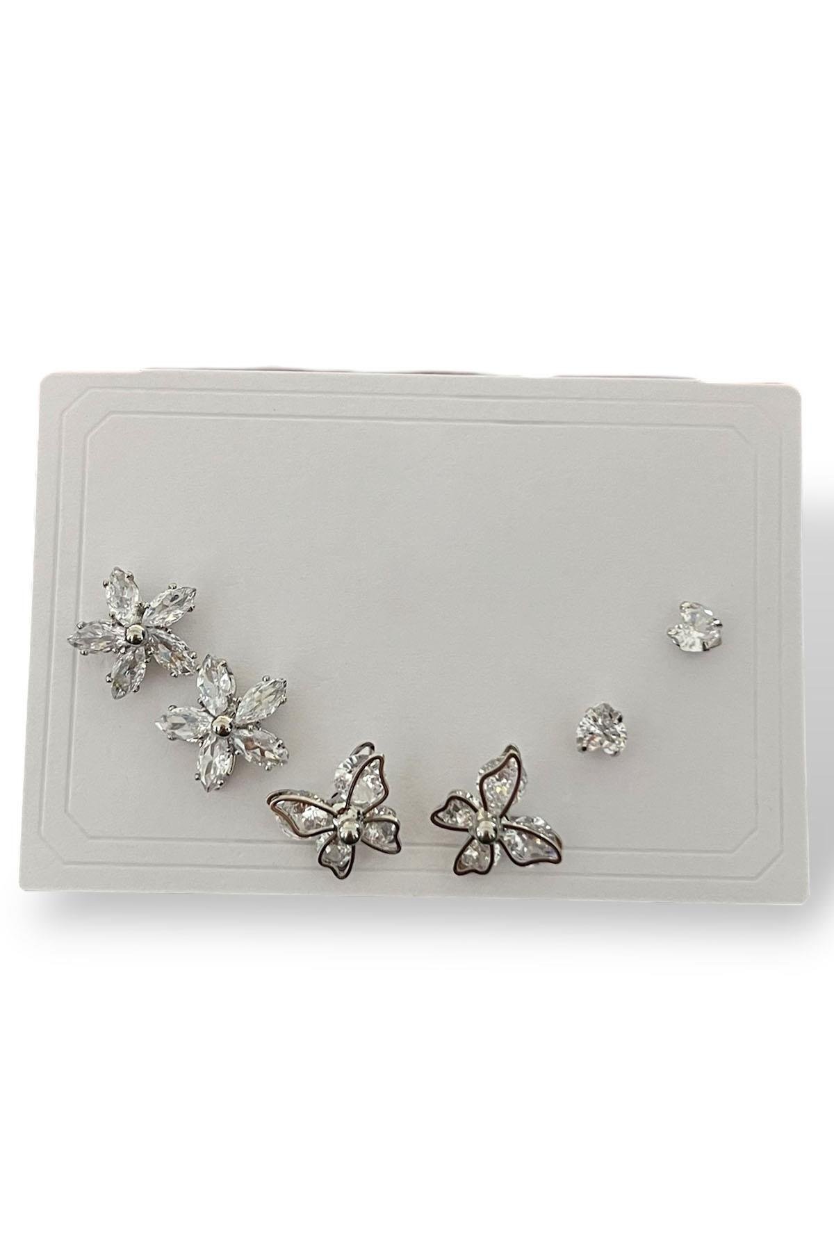 Gümüş Renk Taş Detaylı 6'lı Küpe Set