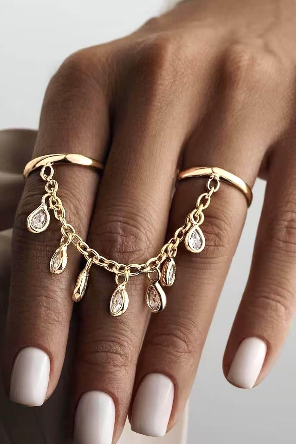 Altın Renk Taş Detaylı Sallantılı İkili Ayarlanabilir Yüzük