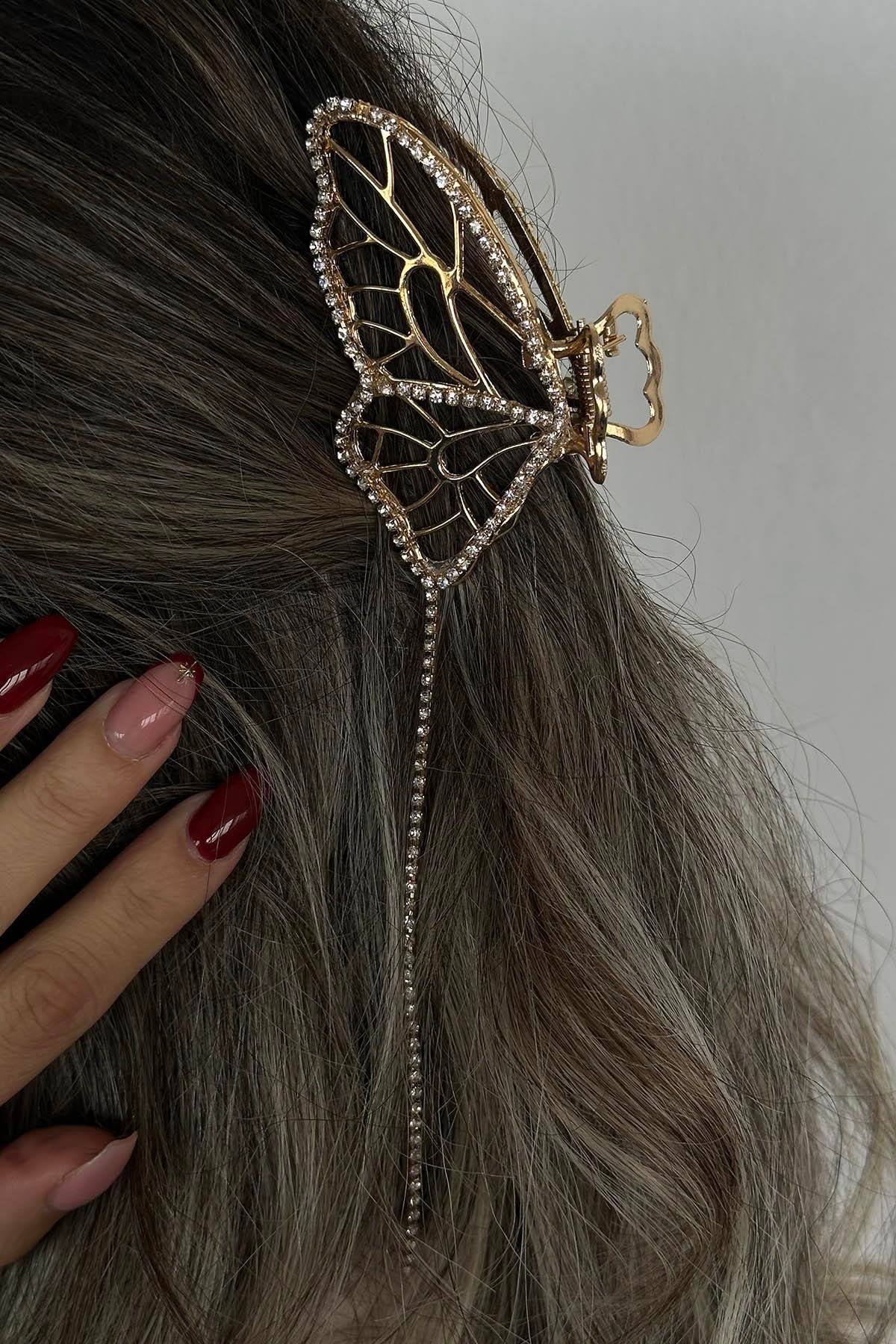 Altın Renk Kelebek Figürlü Taş Detaylı Metal Mandal Toka