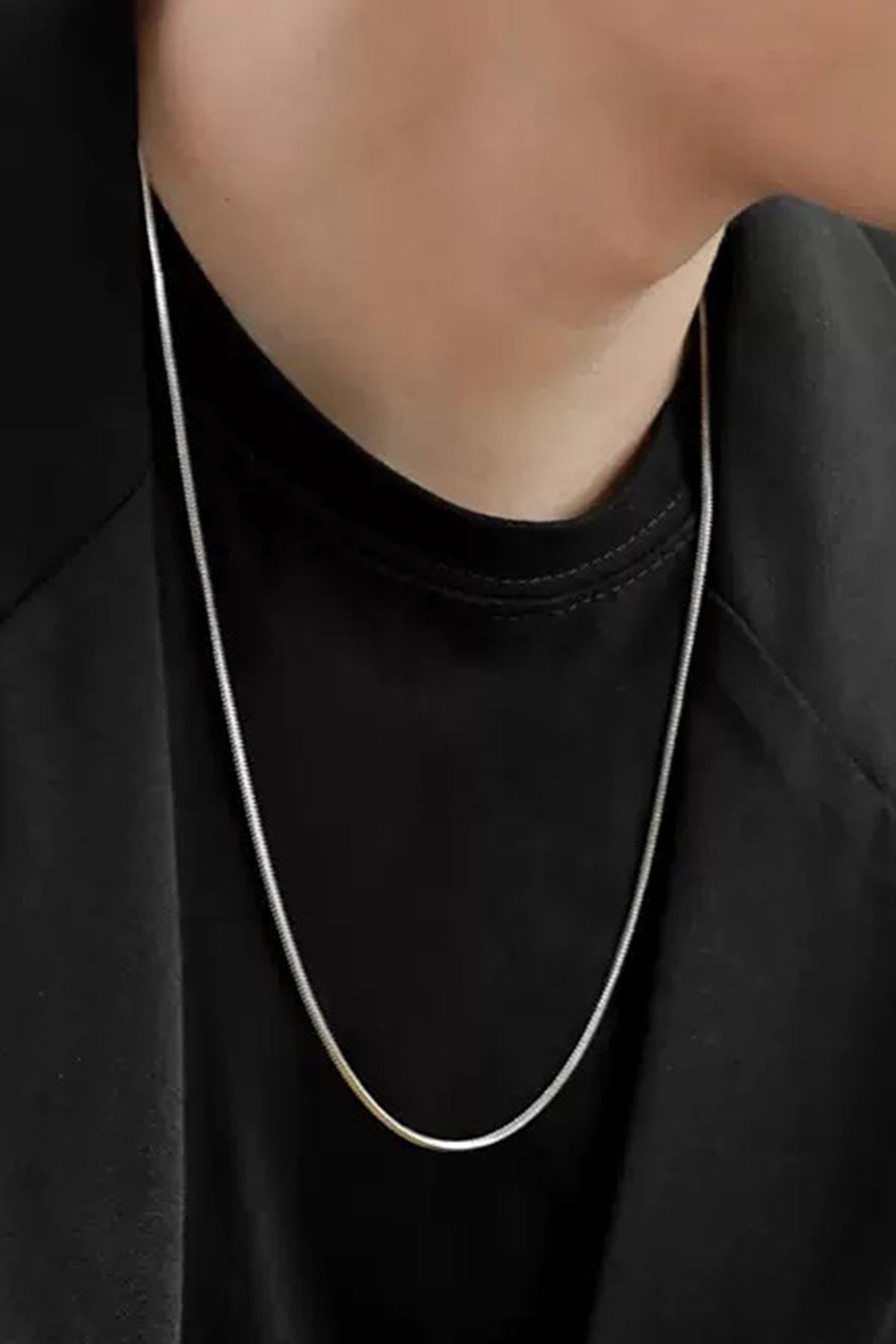 Gümüş Renk Erkek Zincir Çelik Kolye (50cm)