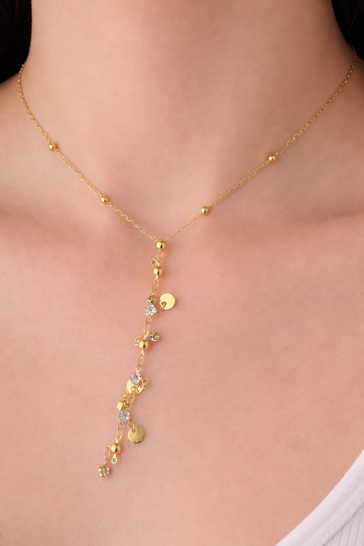 Altın Renk Taş Detaylı Çelik Y Kolye