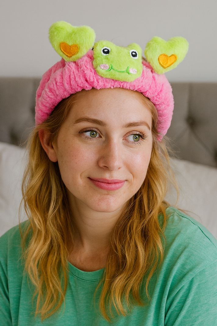 Pembe Ve Yeşil Renk Kurbağa Figürlü Peluş Saç Bandı