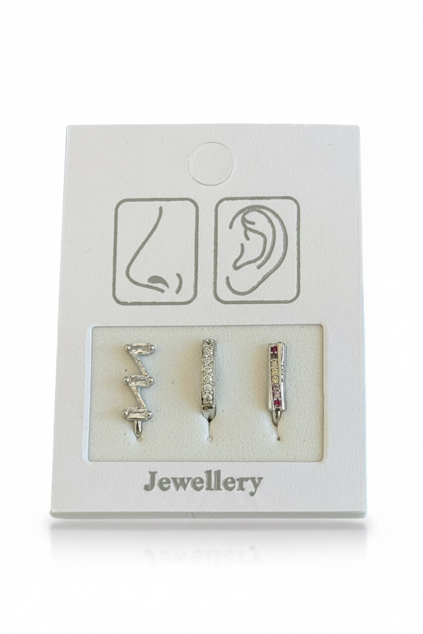Gümüş Renk Karışık Figürlü Deliksiz Kulak/Burun 3'lü Piercing Set