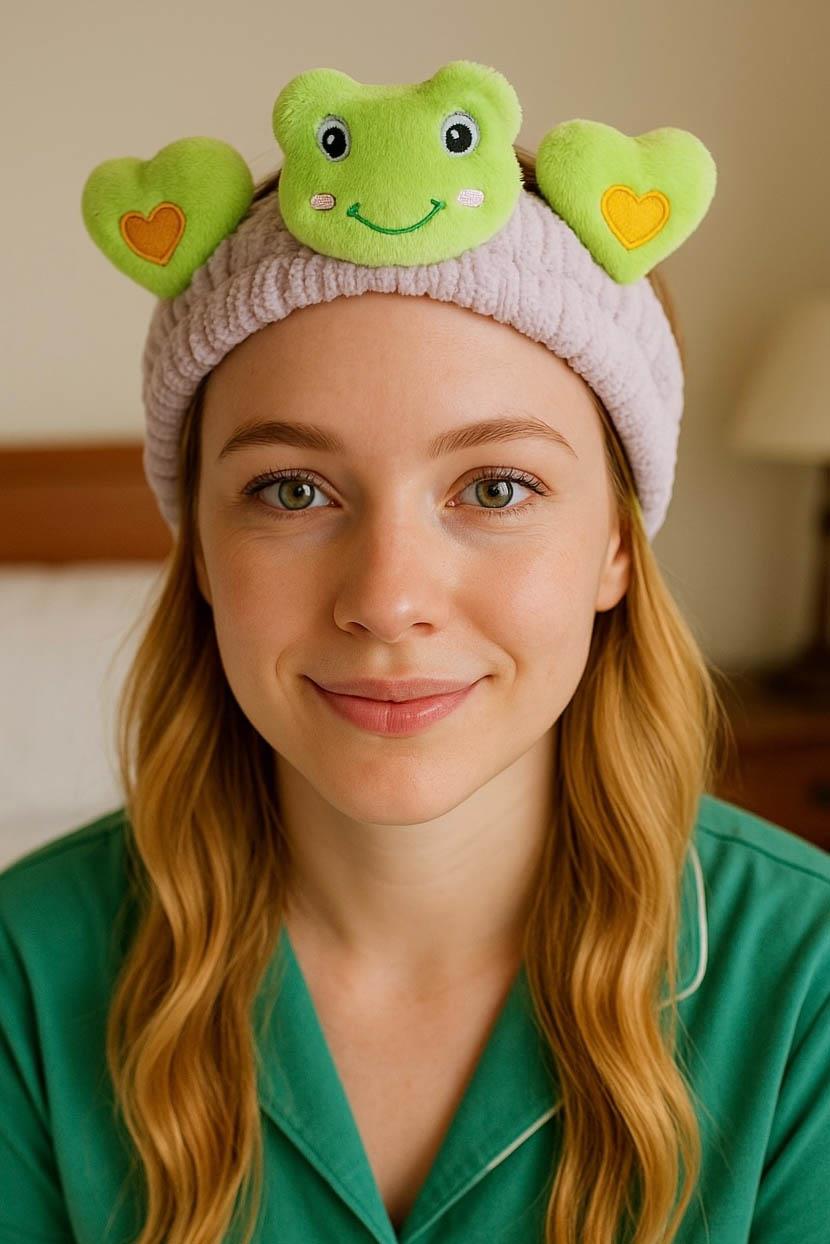 Lila Ve Yeşil Renk Kurbağa Figürlü Peluş Saç Bandı