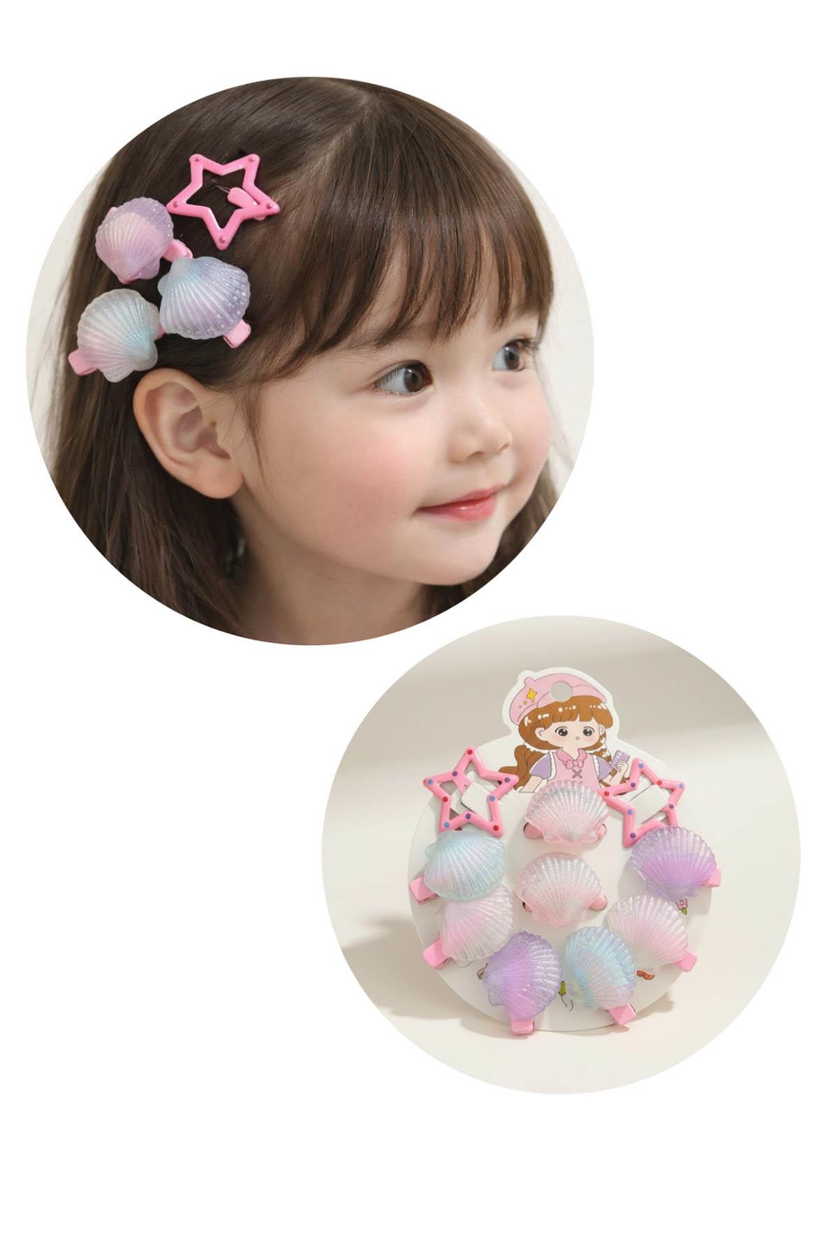 10'lu Pembe Renk Deniz Kabuğu Ve Yıldız Figürlü Lastik Toka Ve Yan Toka Set