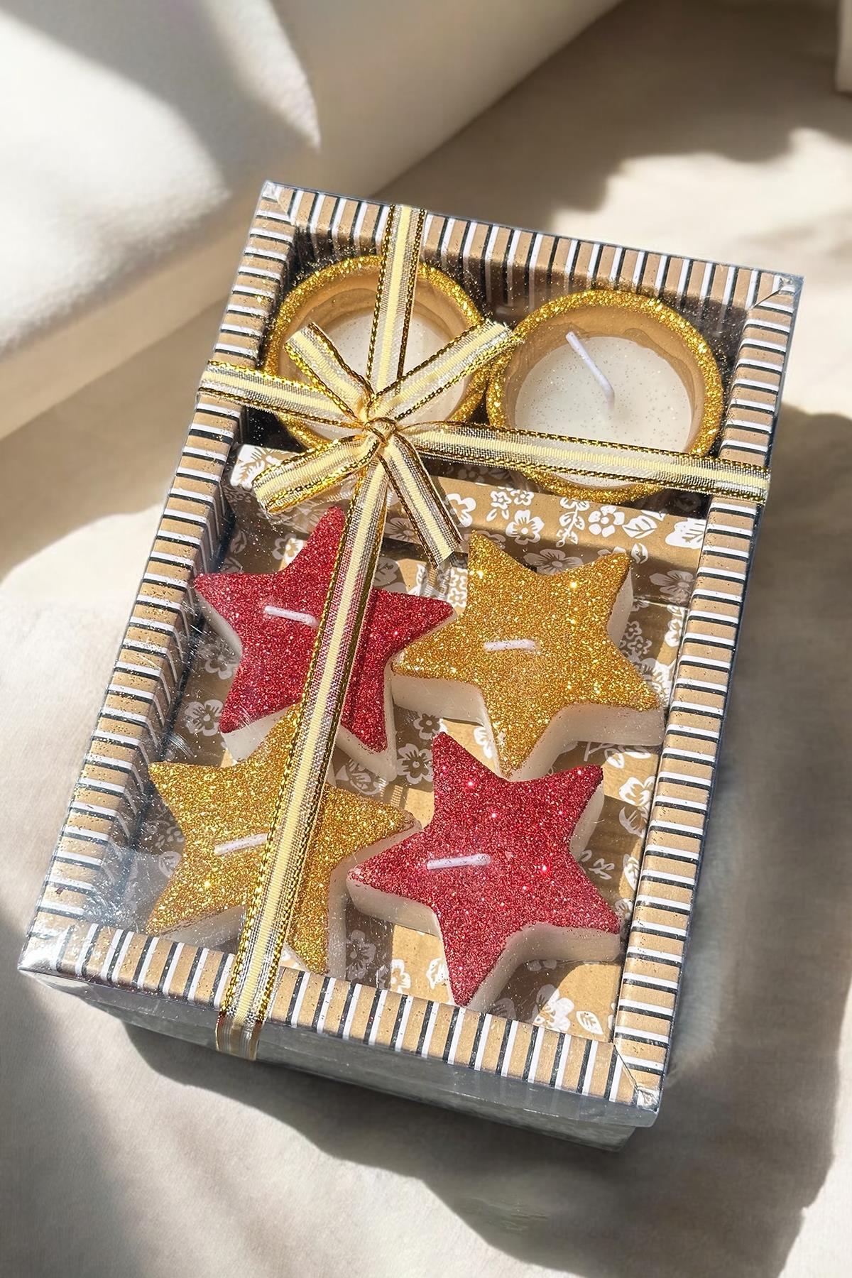 6'lı Karışık Renk Yıldız Figürlü Sim Detaylı Mum Set