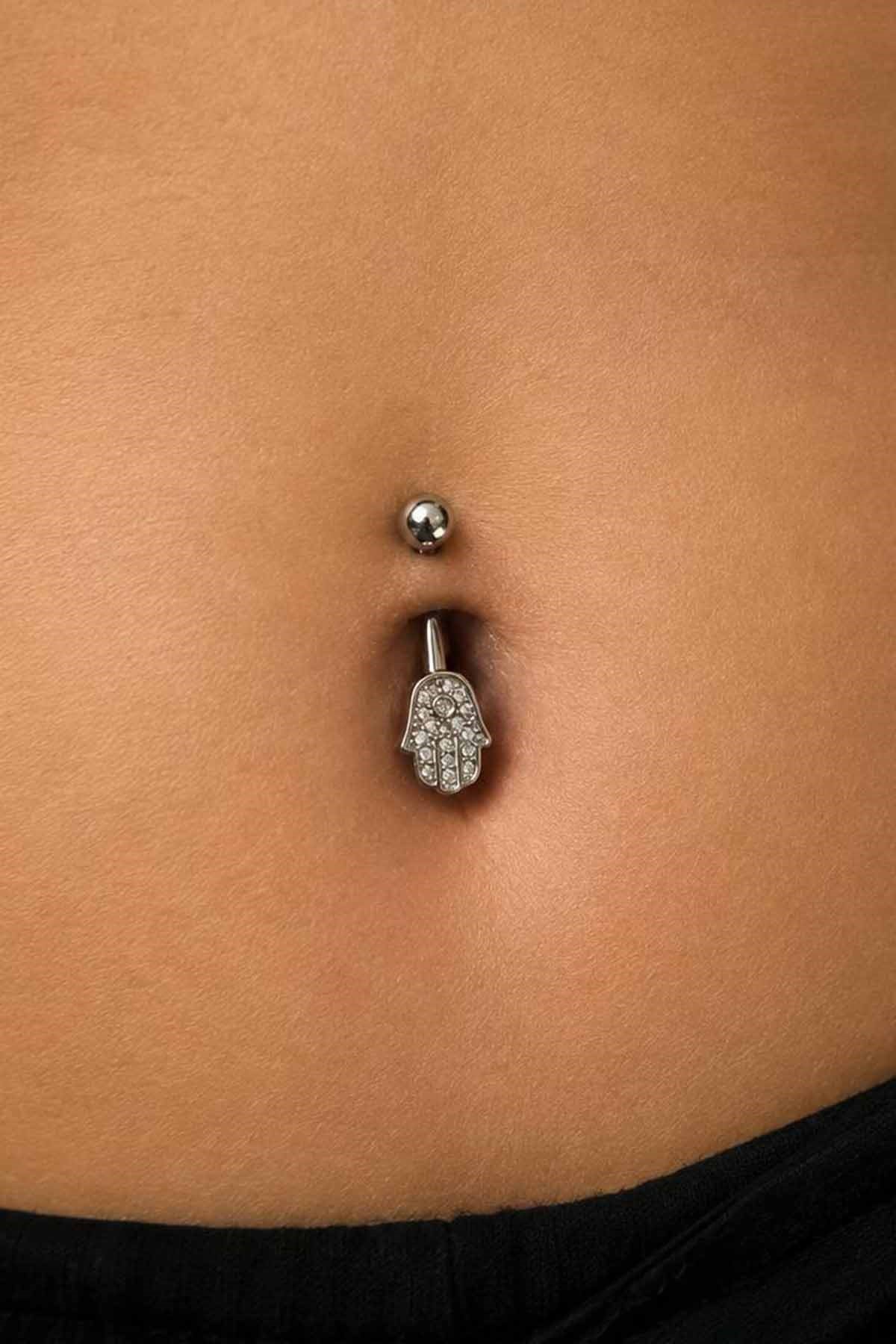 Gümüş Renk Fatma Ana Eli Figürlü Taşlı Cerrahi Çelik Göbek Piercing