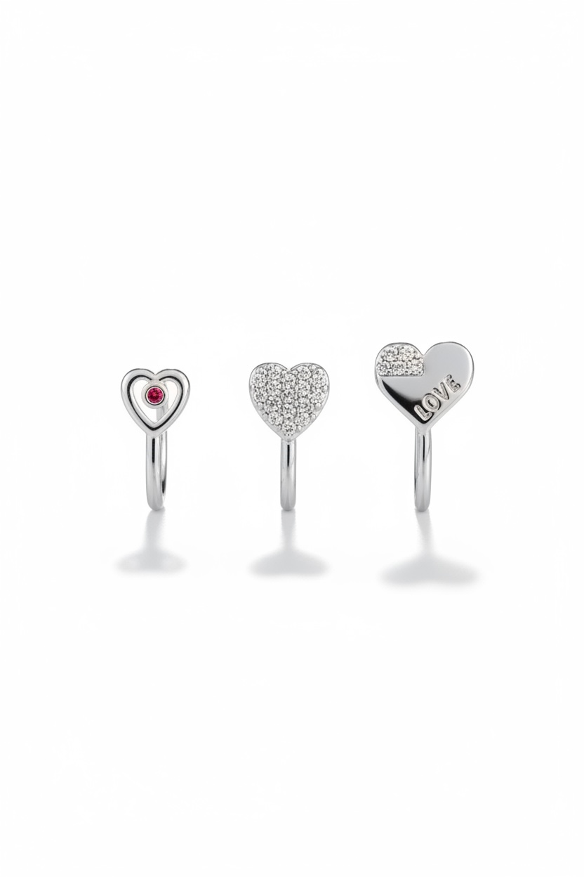 Gümüş Renk Karışık Figürlü Deliksiz Kulak/Burun 3'lü Piercing Set