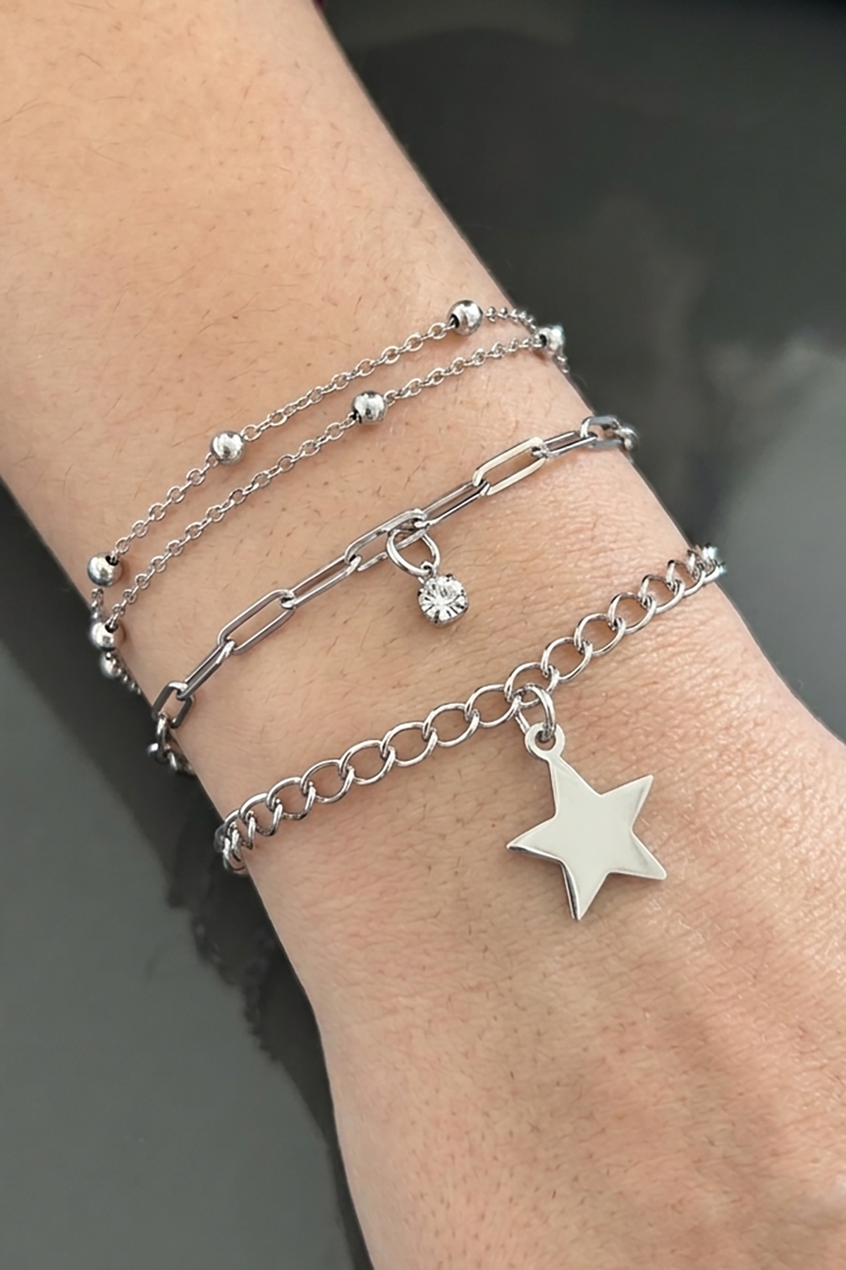 Gümüş Renk Yıldız Figürlü 3'lü Çelik Bileklik