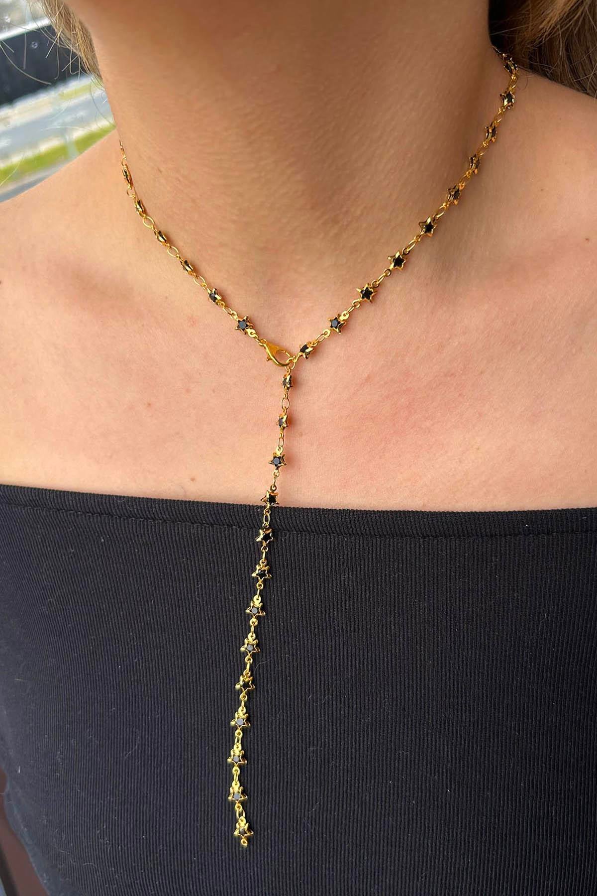 Altın Renk Siyah Taşlı Yıldız Figürlü Çelik Y Kolye