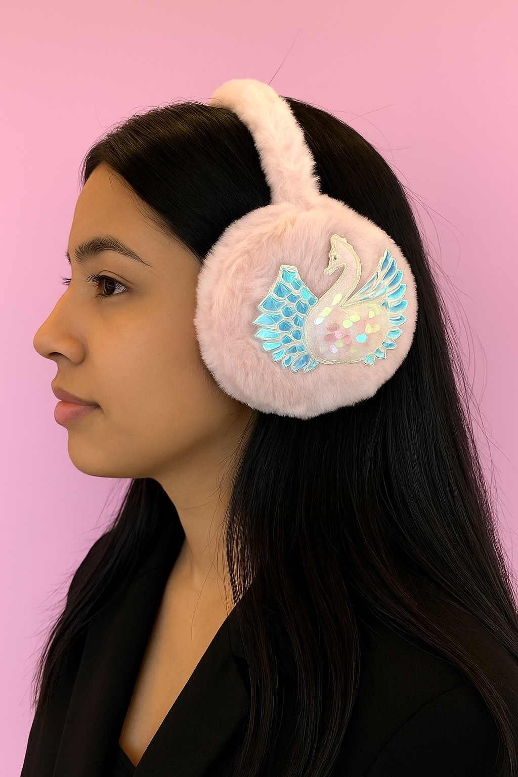 Pembe Renk Kuğu Detaylı Peluş Kulaklık