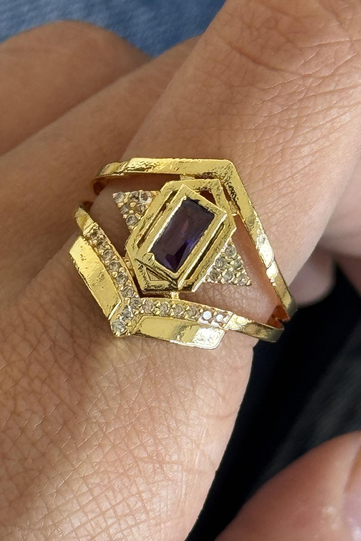 Altın Renk Taş Detaylı Ayarlanabilir Yüzük