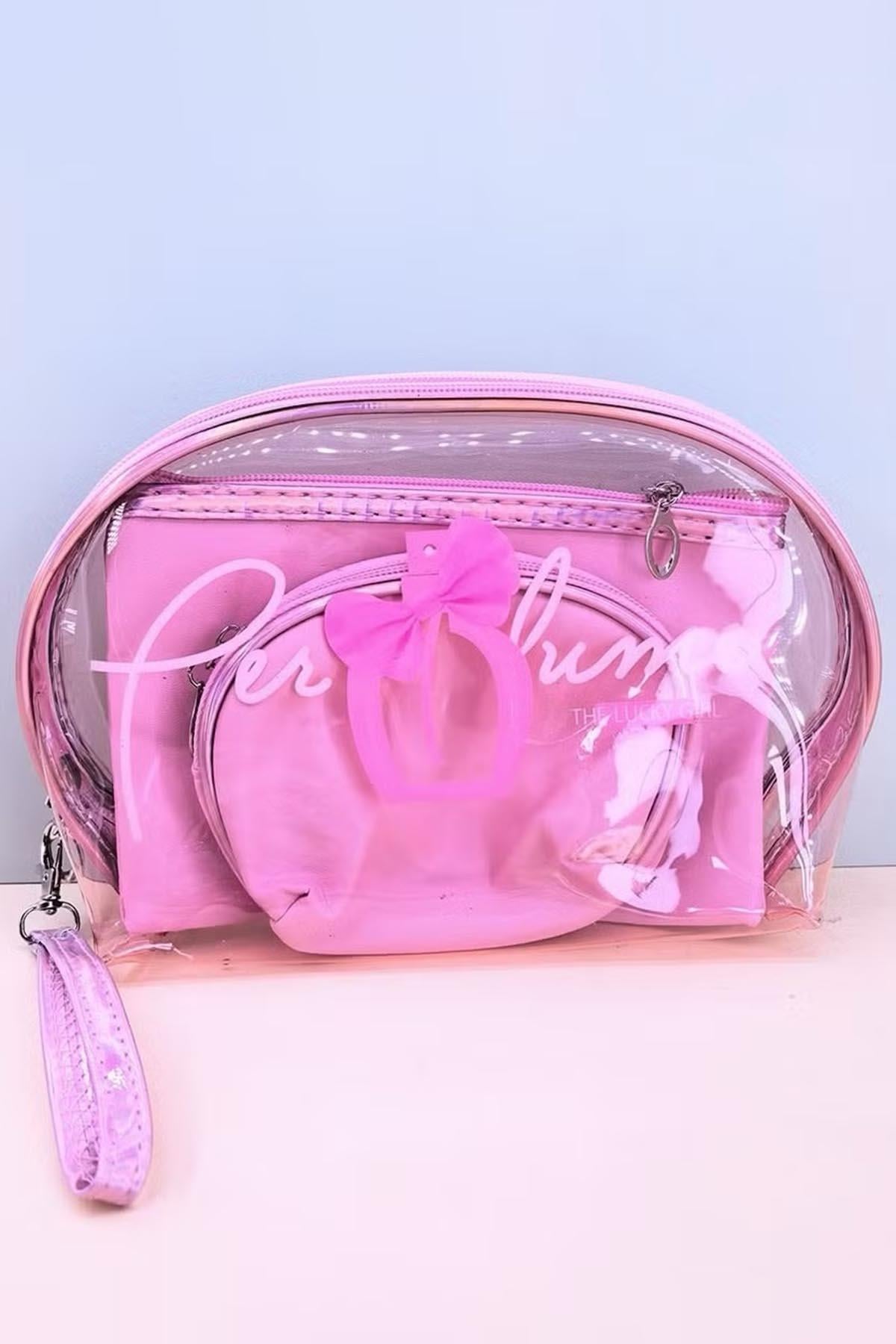 Açık Pembe Renk 3'lü Şeffaf Makyaj Çantası