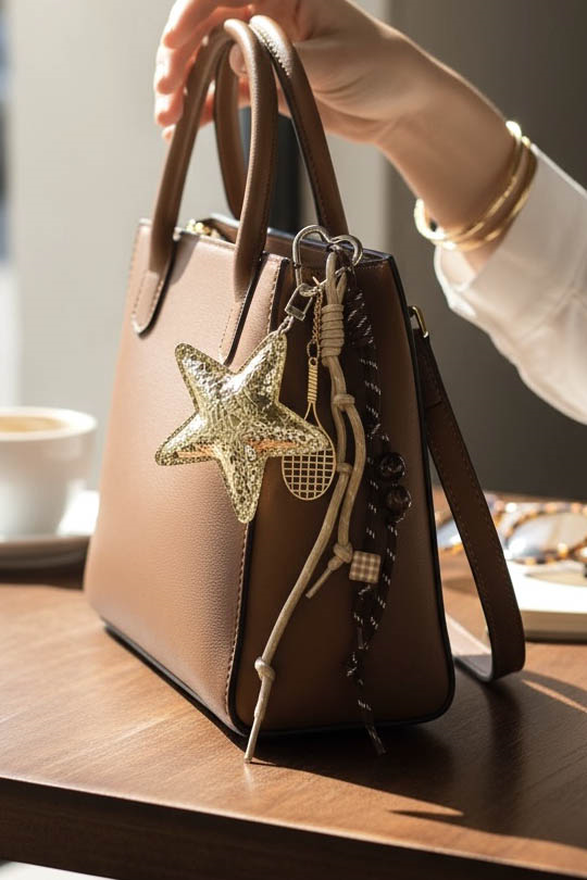 Kahverengi Yıldız Ve Raket Figürlü Çanta Charm/ Anahtarlık