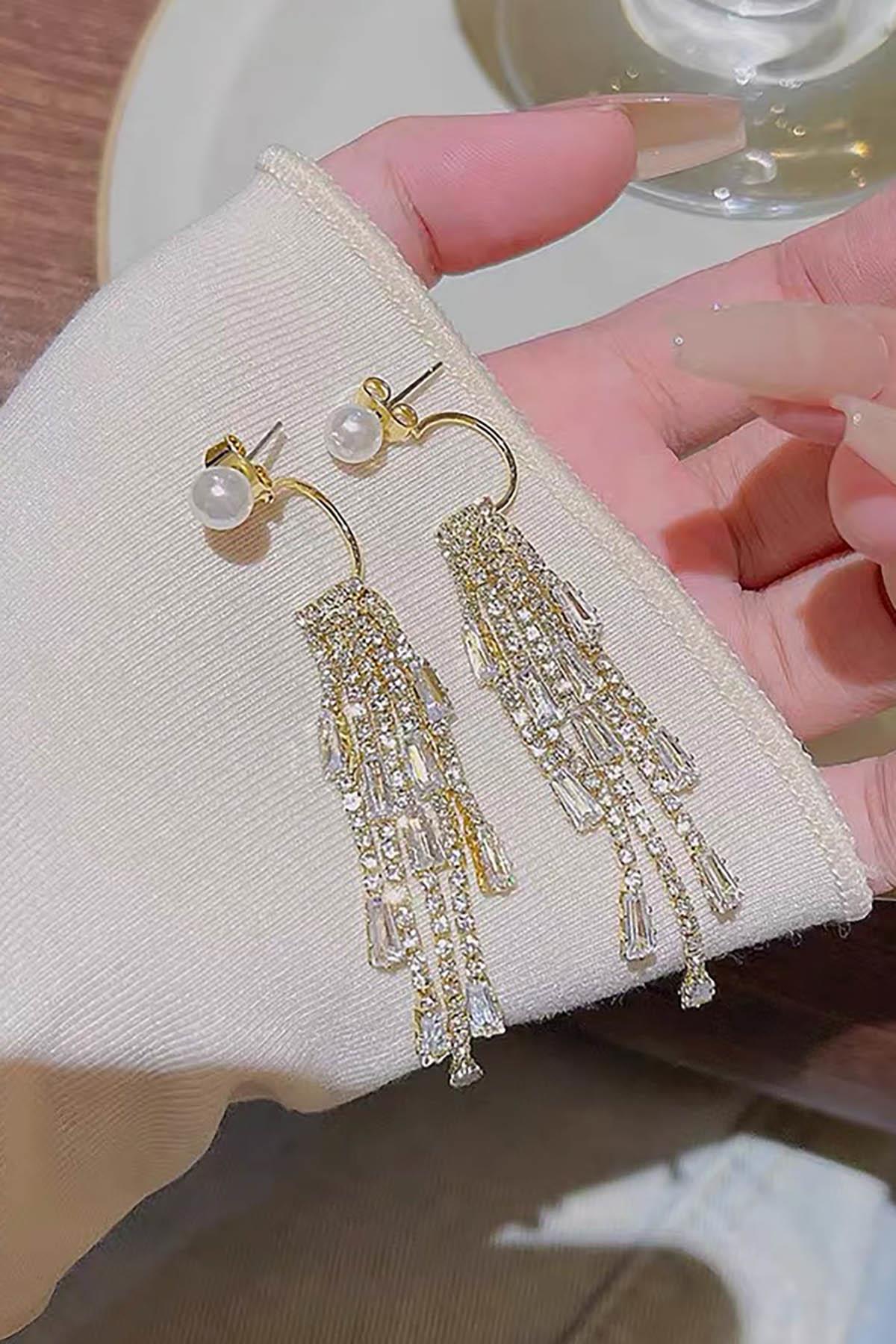 Altın Renk İnci Detaylı Taşlı Küpe (Çift)