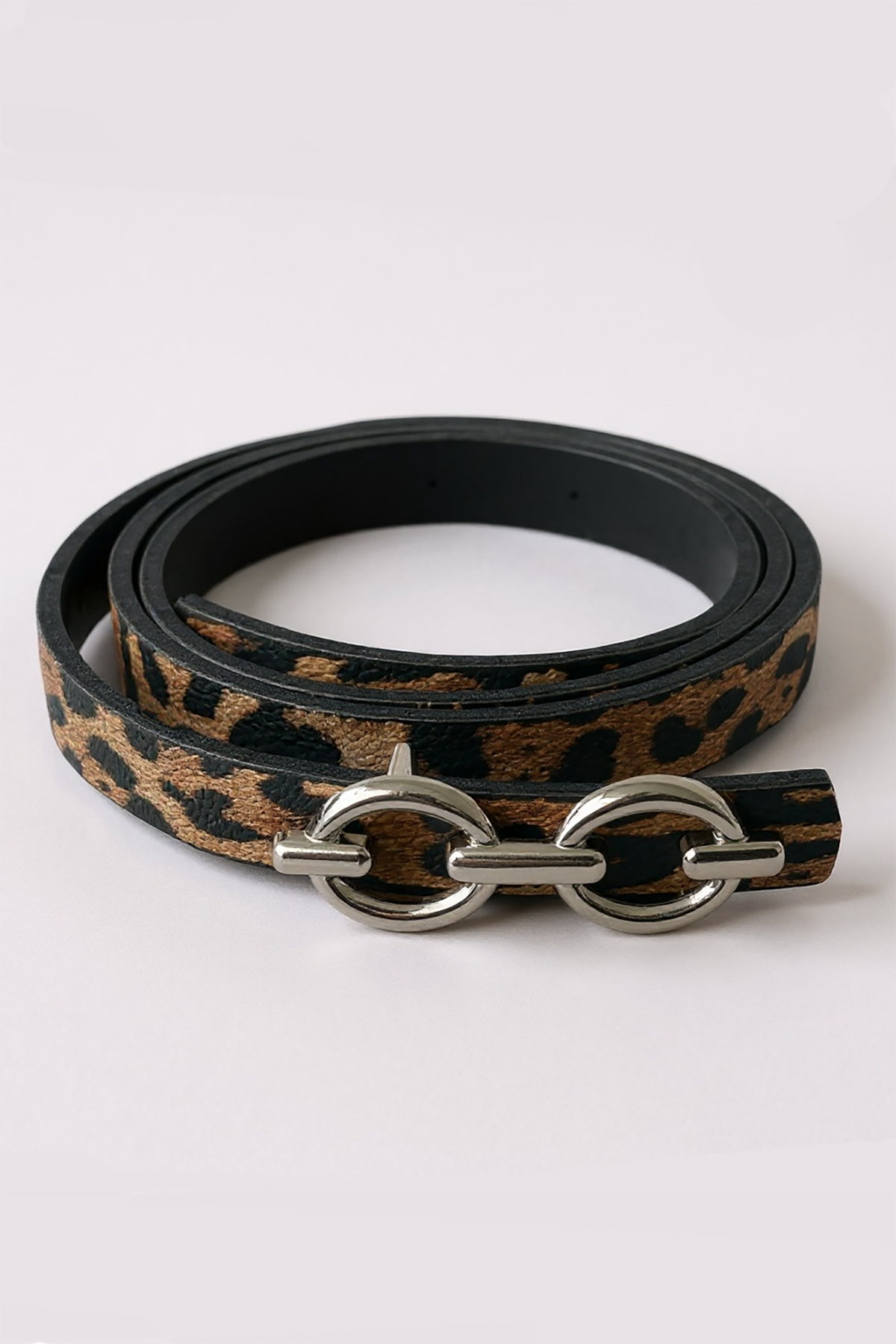 Gümüş Renk Leopar Desenli Kadın Deri Kemer