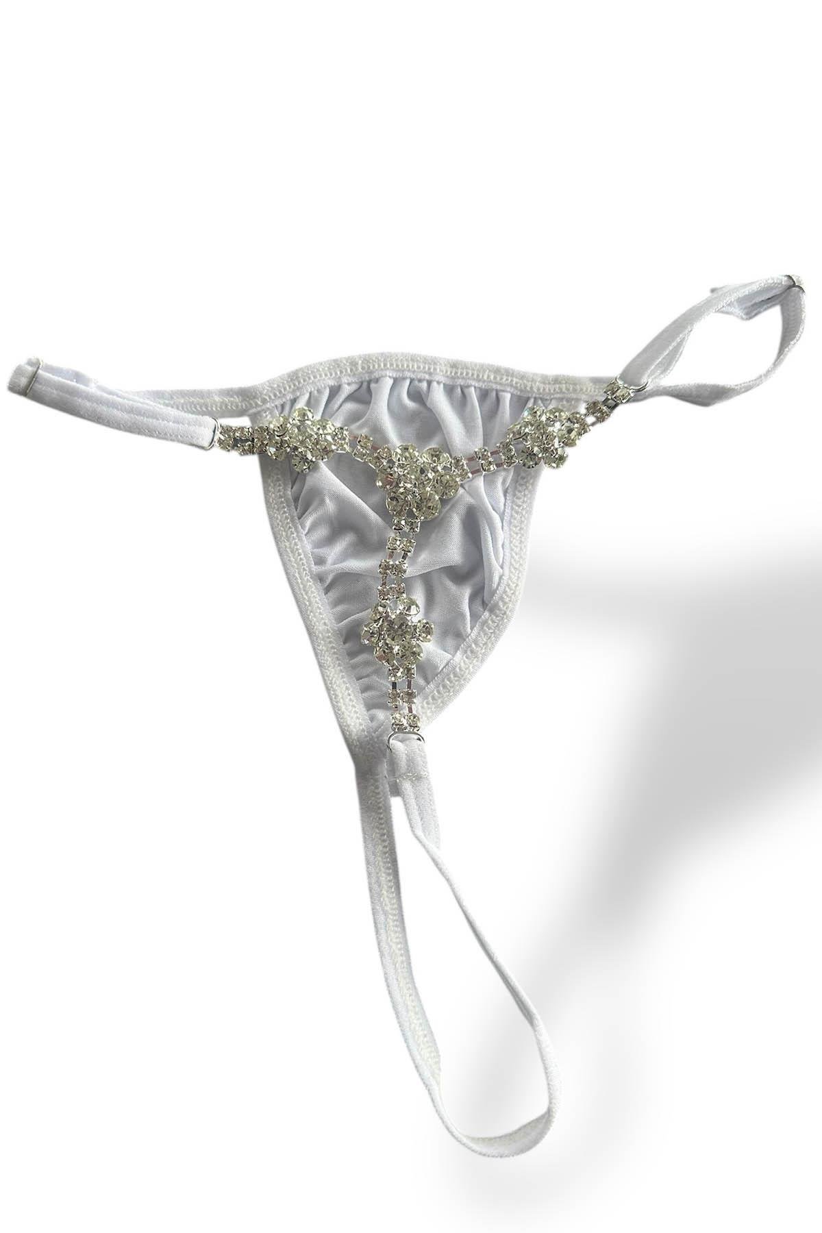 Beyaz Renk Taş Detaylı Tanga