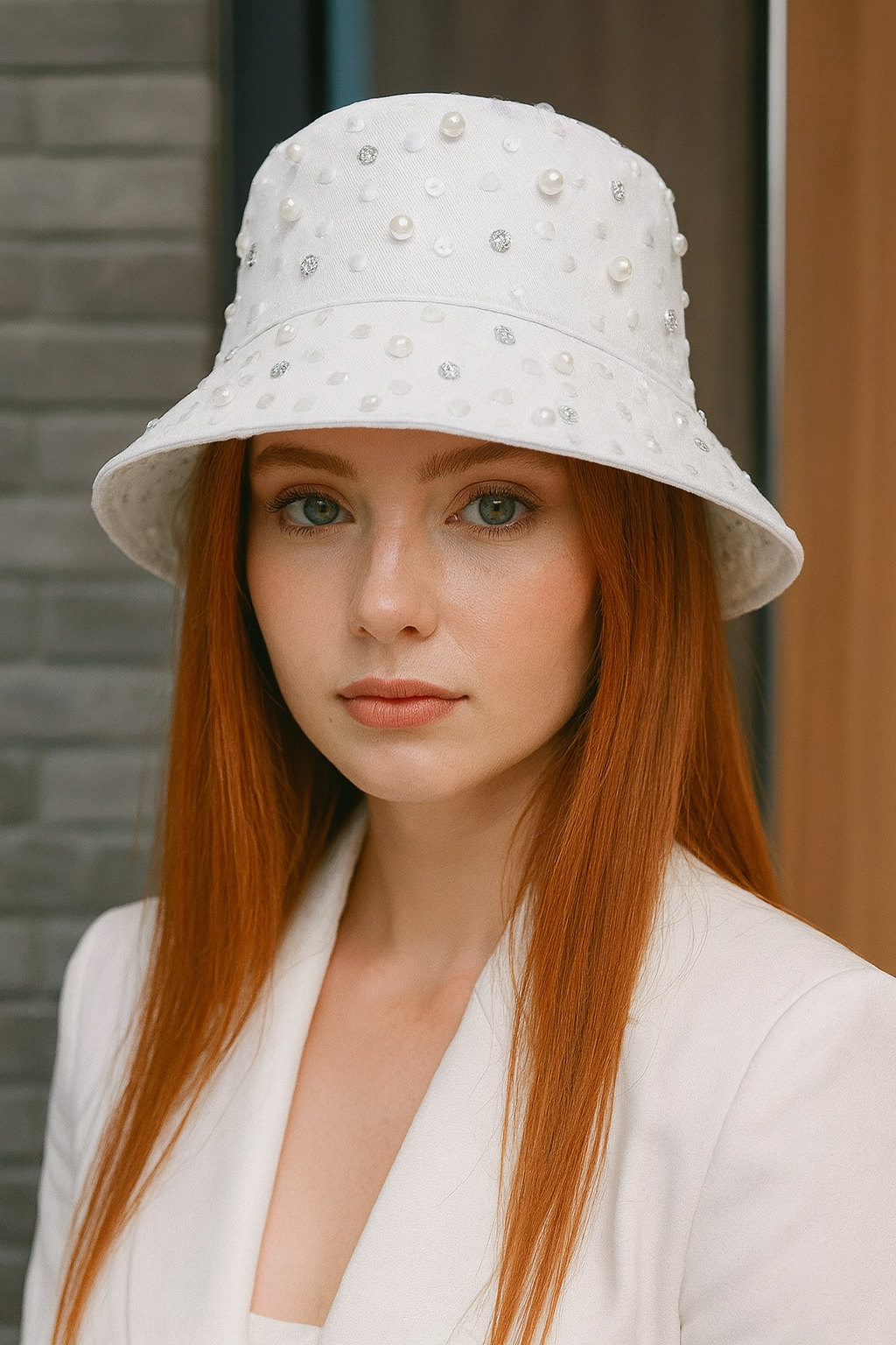 Beyaz Renk İnci Detaylı Kalp Figürlü Tasarım Şapka