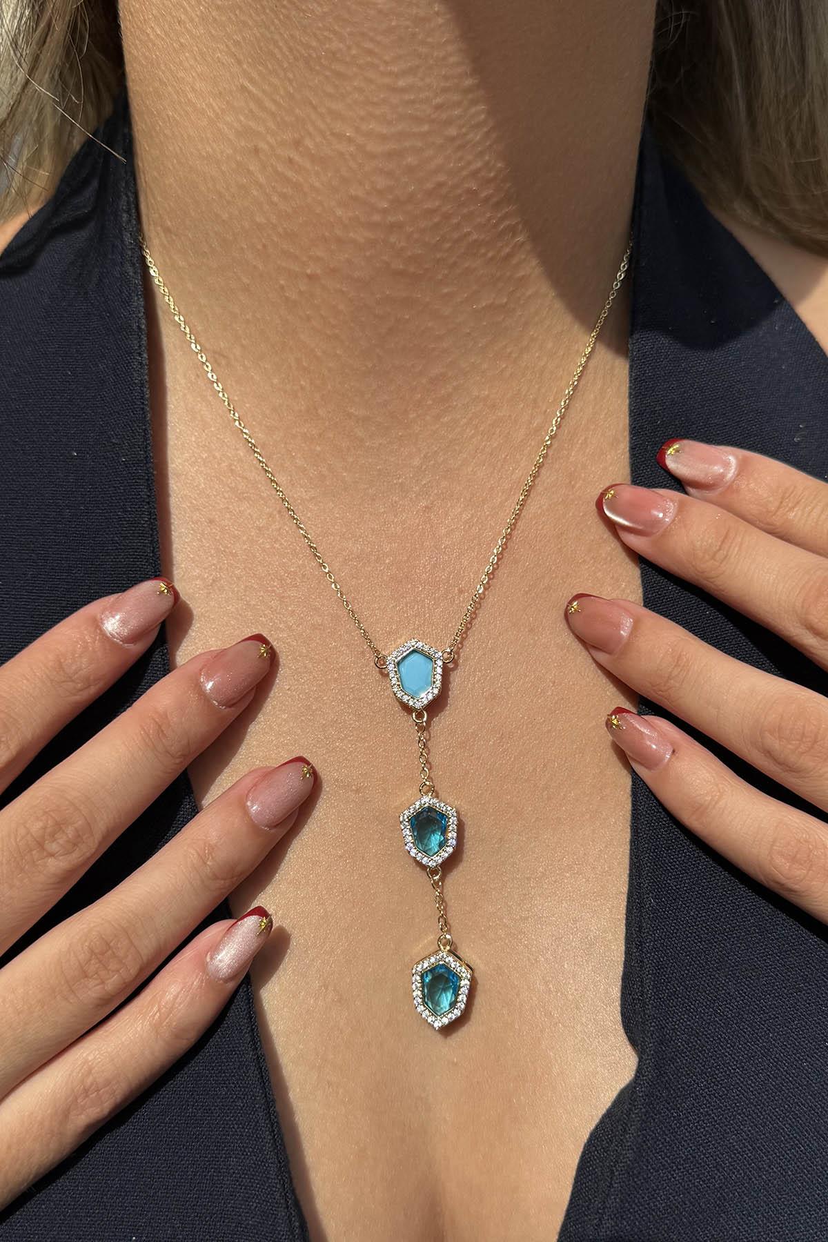 Altın Renk Mavi Taş Detaylı 14k Altın Kaplama TX Kolye