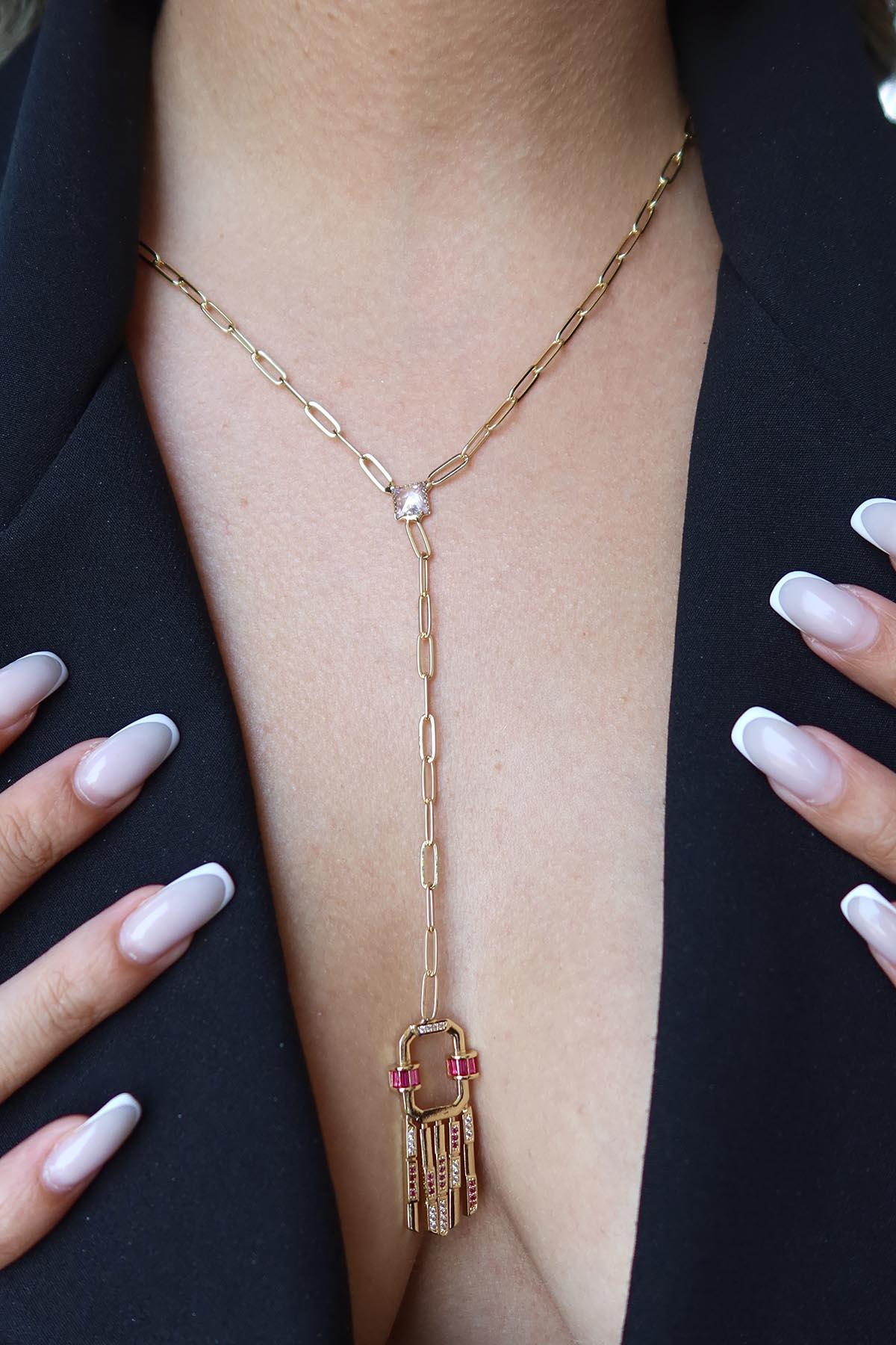 Altın Renk Taş Detaylı Y Kolye