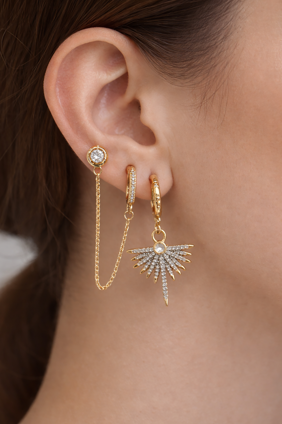 Altın Renk Taş Detaylı 3'lü Ysx Küpe Set