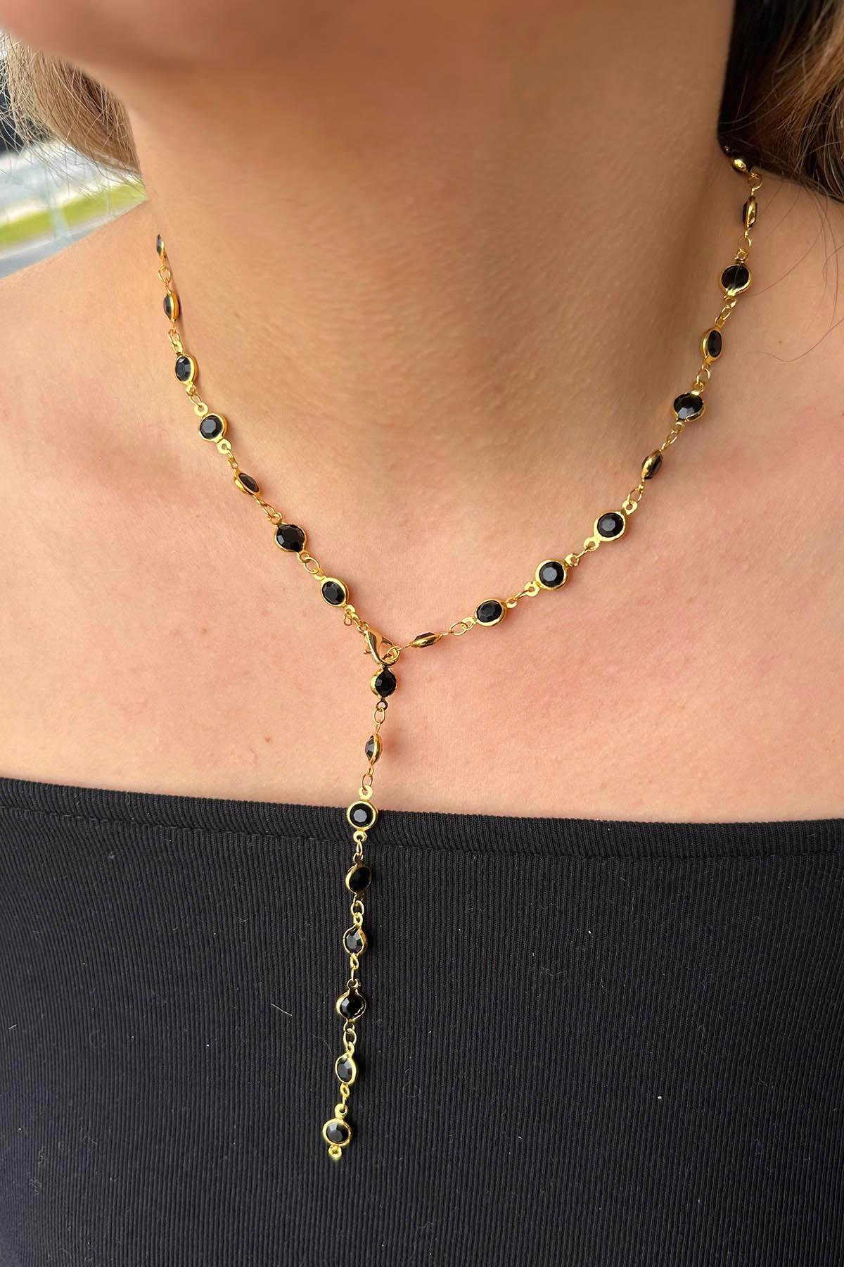 Altın Renk Siyah Taşlı Çelik Y Kolye