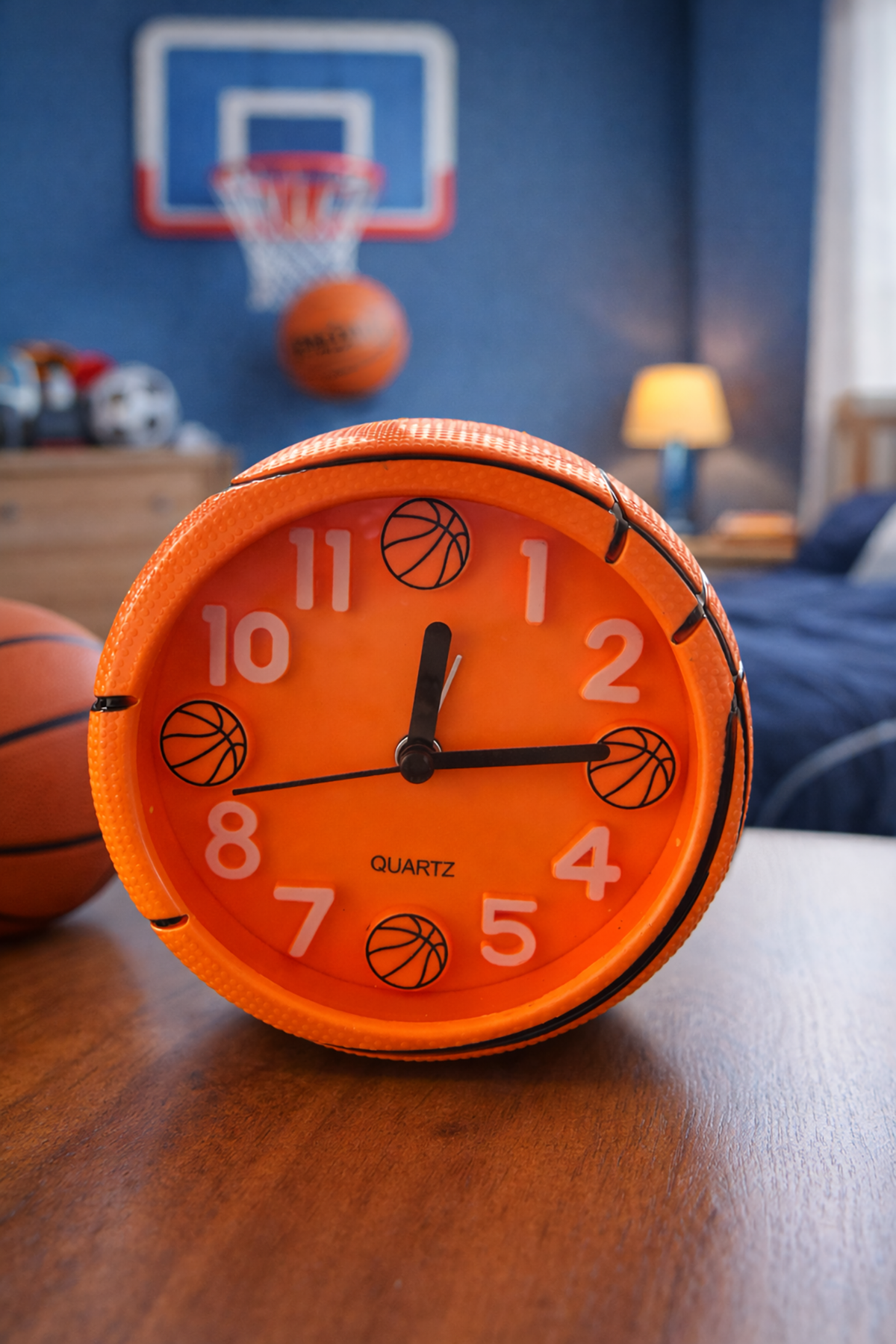 Turuncu Renk Basketbol Topu Figürlü Mini Dekoratif Alarmlı Yuvarlak Masa Saati
