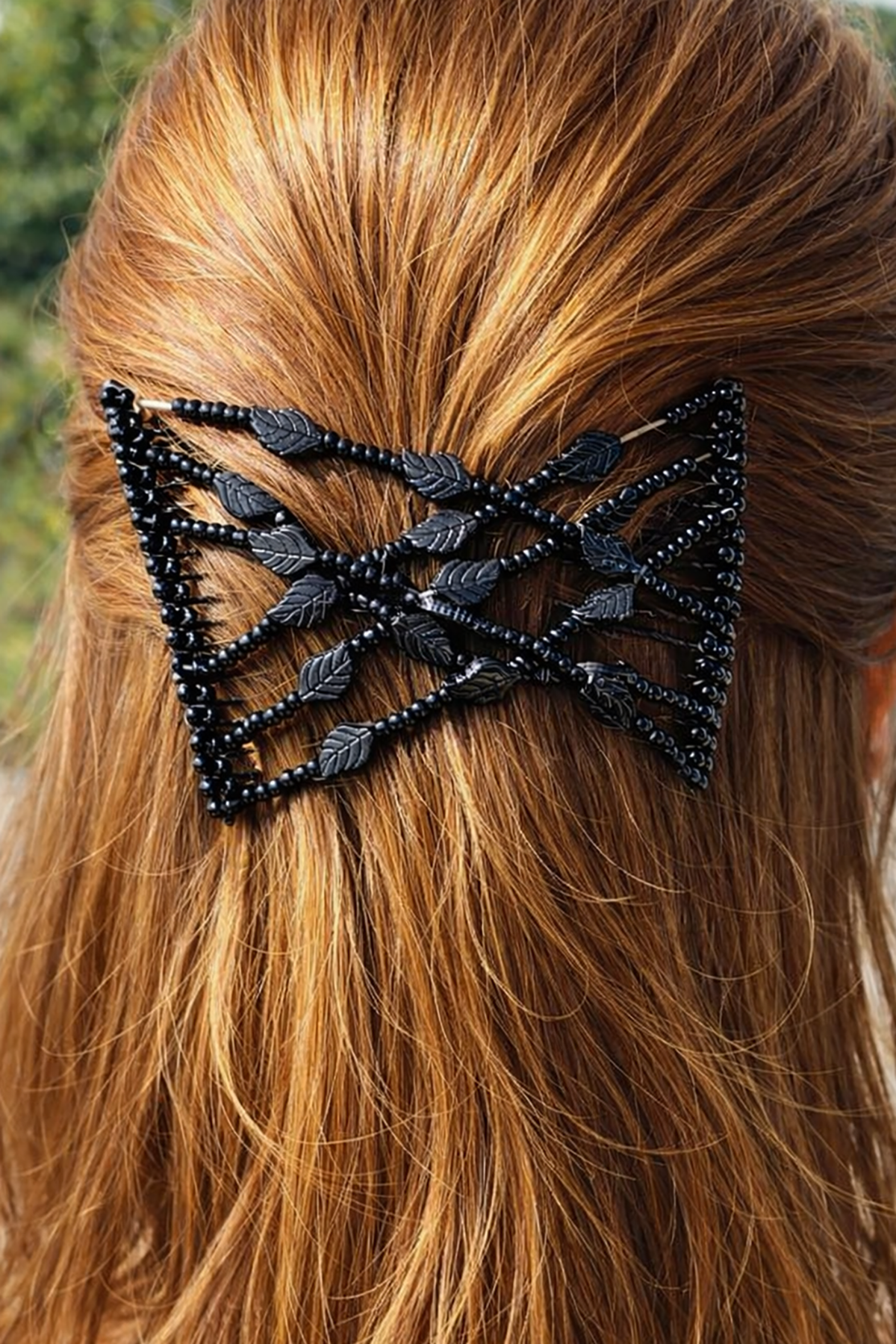 Siyah Renk Yaprak Figürlü Tel Tarak Toka