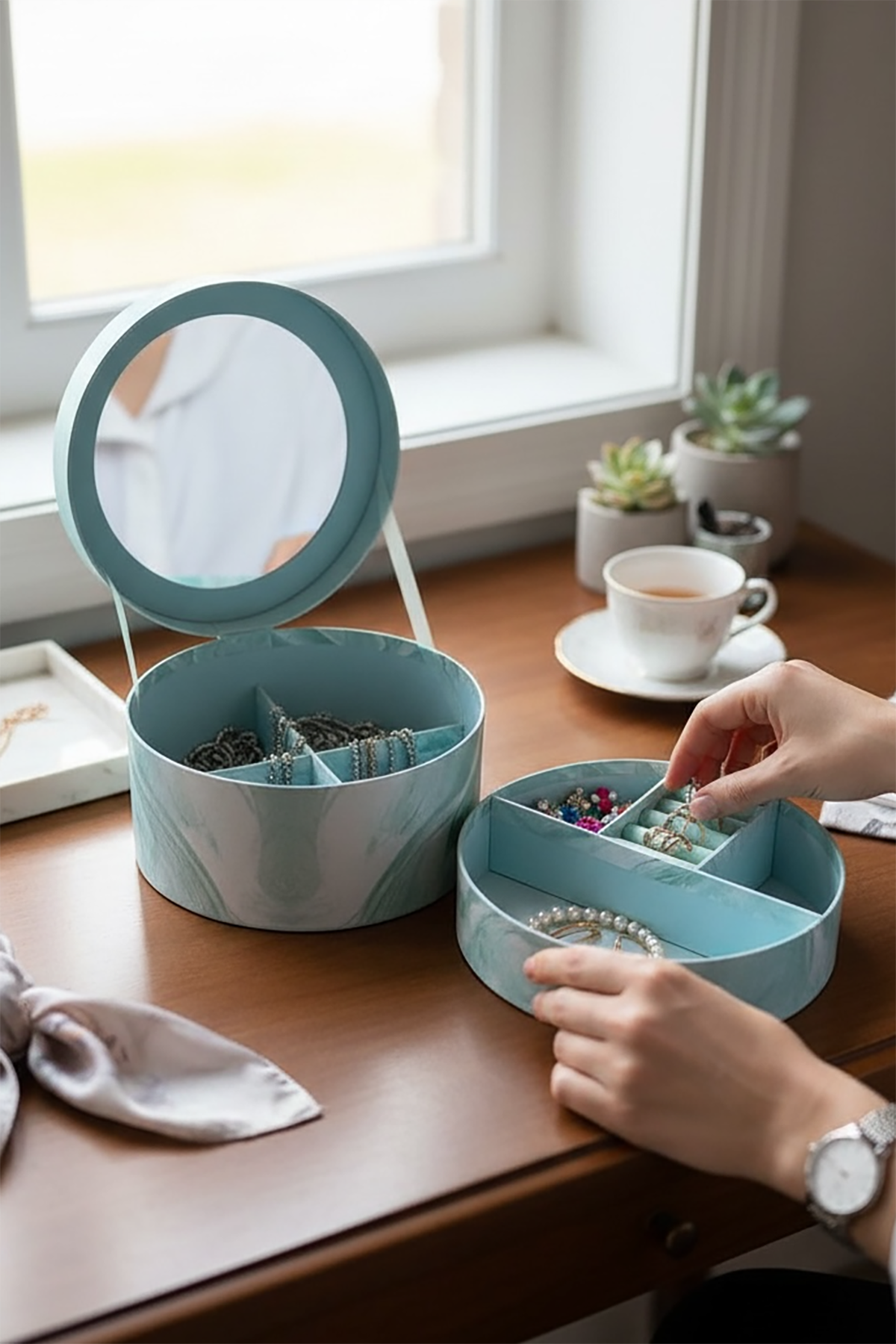 Mavi Renk Ayna Detaylı 2 Bölmeli Takı Organizeri