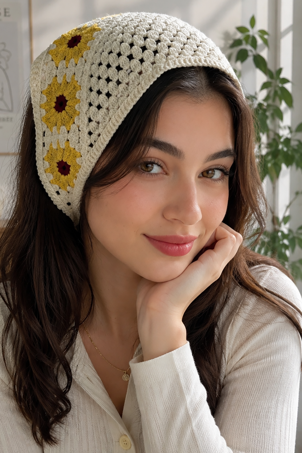 Sarı Renk Çiçek Desenli Örgü Saç Bandana
