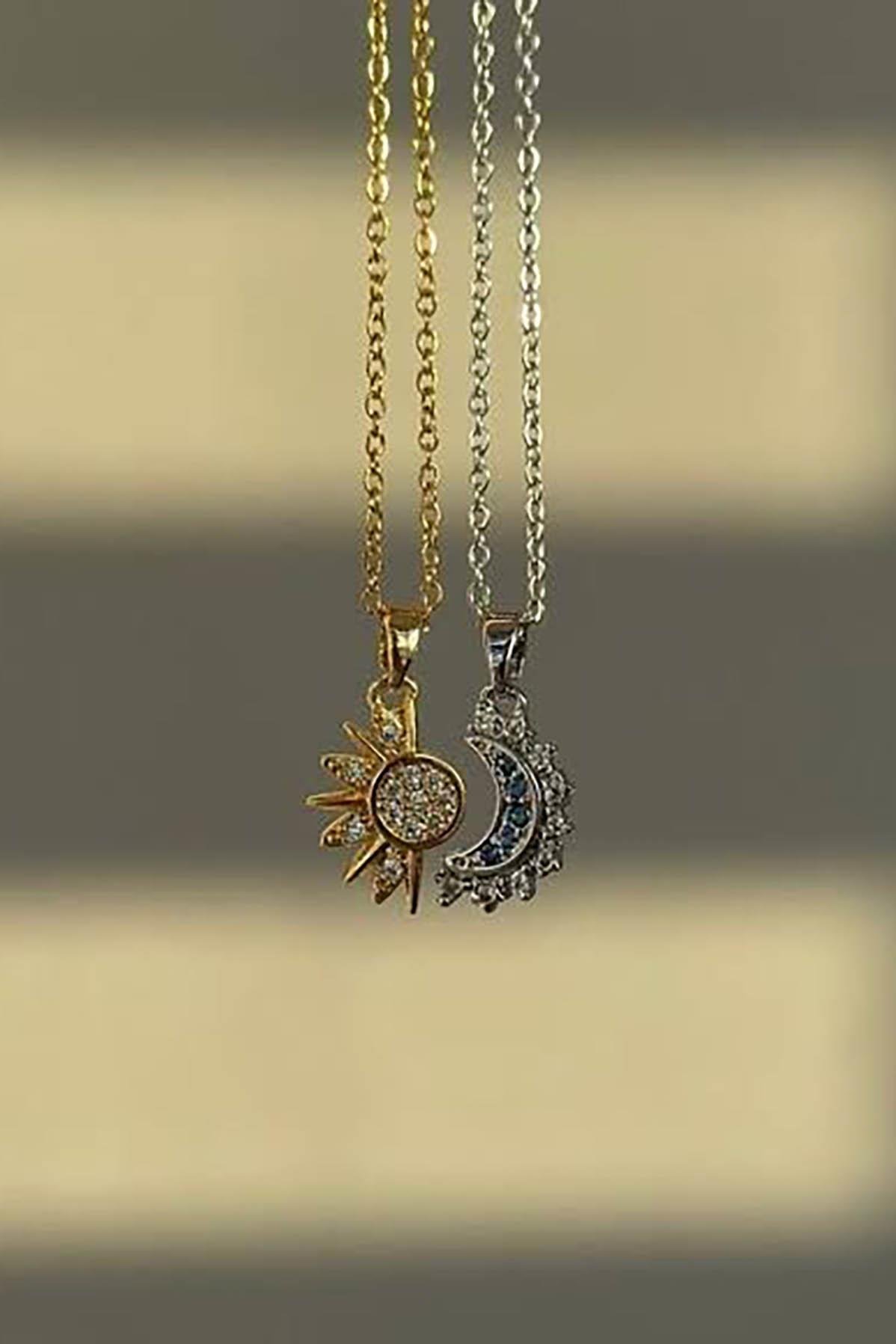 Altın Ve Gümüş Renk Ay Ve Güneş Figürlü İkili Çelik Çift/ Best Friend Kolyesi