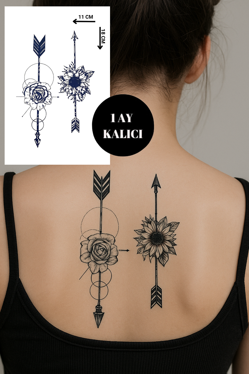 Ok Ve Çiçek Figürlü 12 Saat Sonra Kararan Geçici Orta Dövme Tattoo