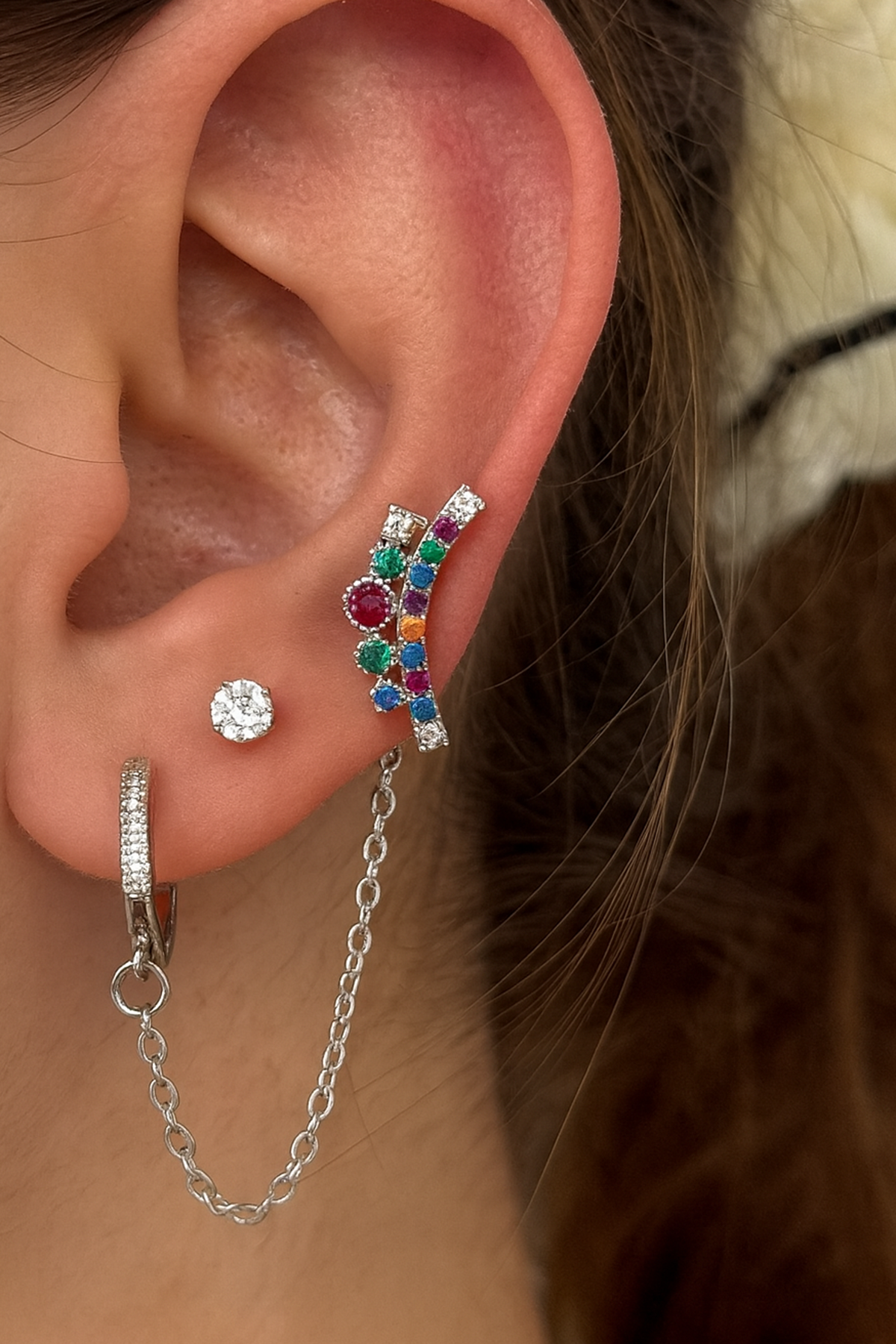 Gümüş Renk Taş Detaylı 6'lı Küpe Set