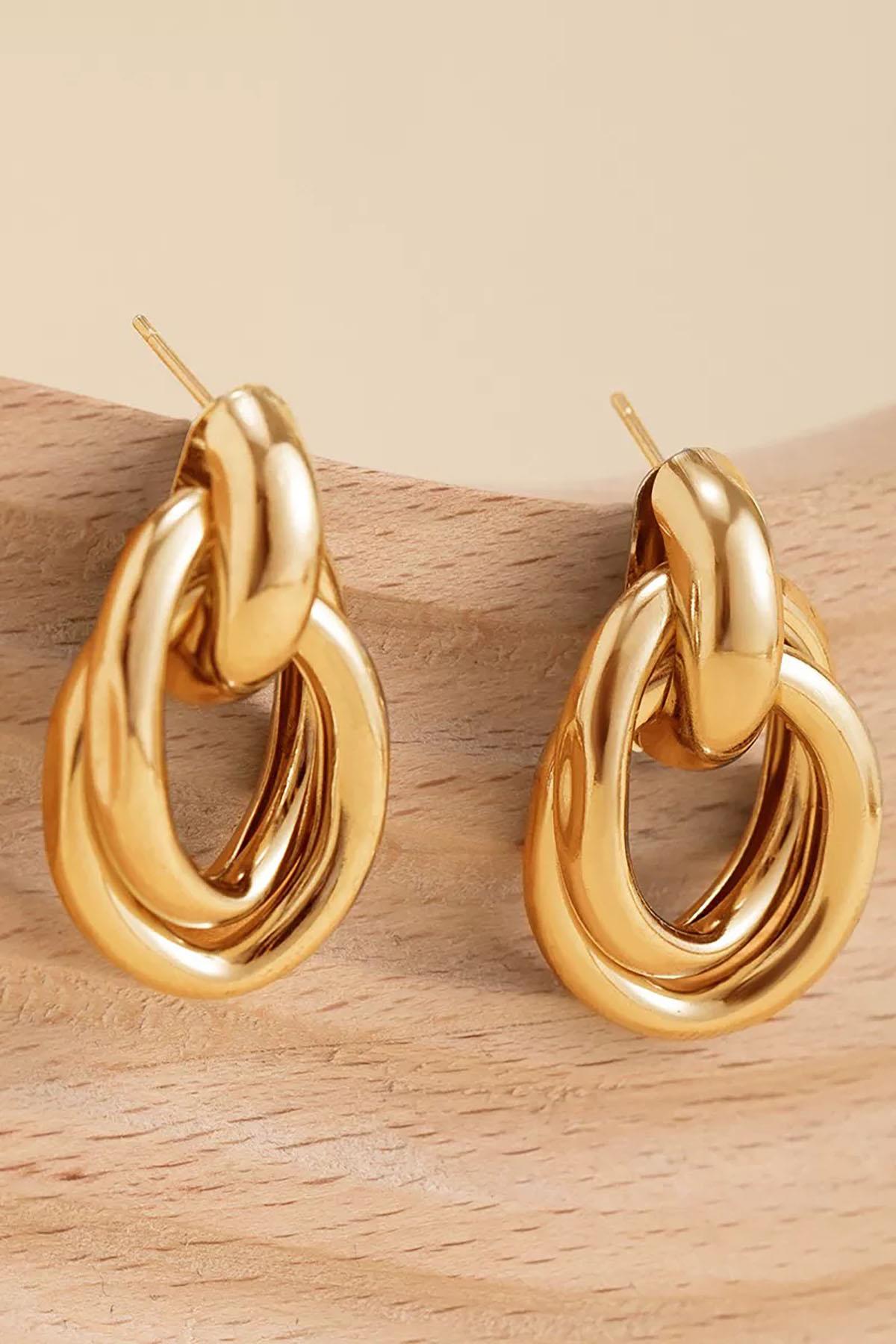 Altın Renk Halka Detaylı Çelik Küpe (Çift)