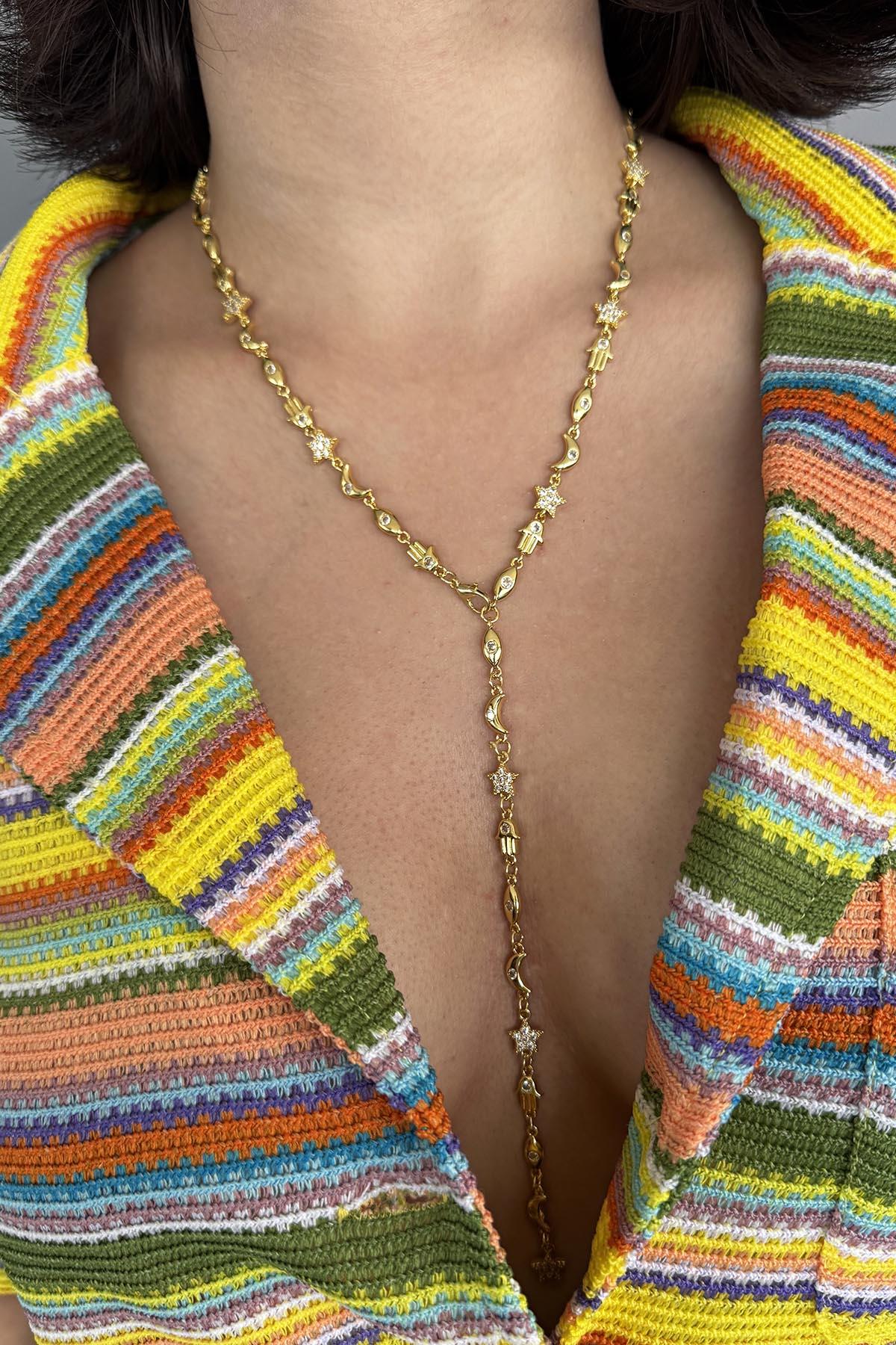 Altın Renk Taş Detaylı Y Kolye