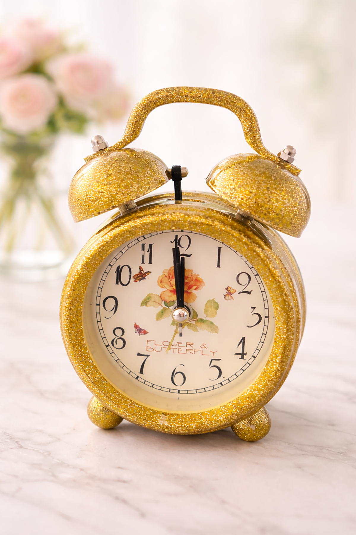 Sarı Renk Simli Mini Dekoratif Işıklı Alarmlı Yuvarlak Masa Saati