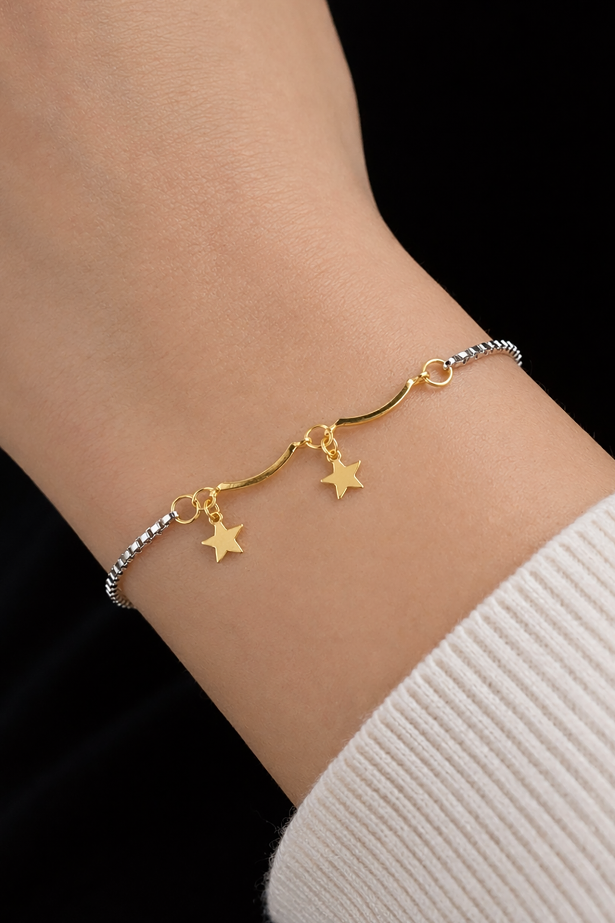Gümüş Ve Altın Renk Yıldız Figürlü Çelik Bileklik