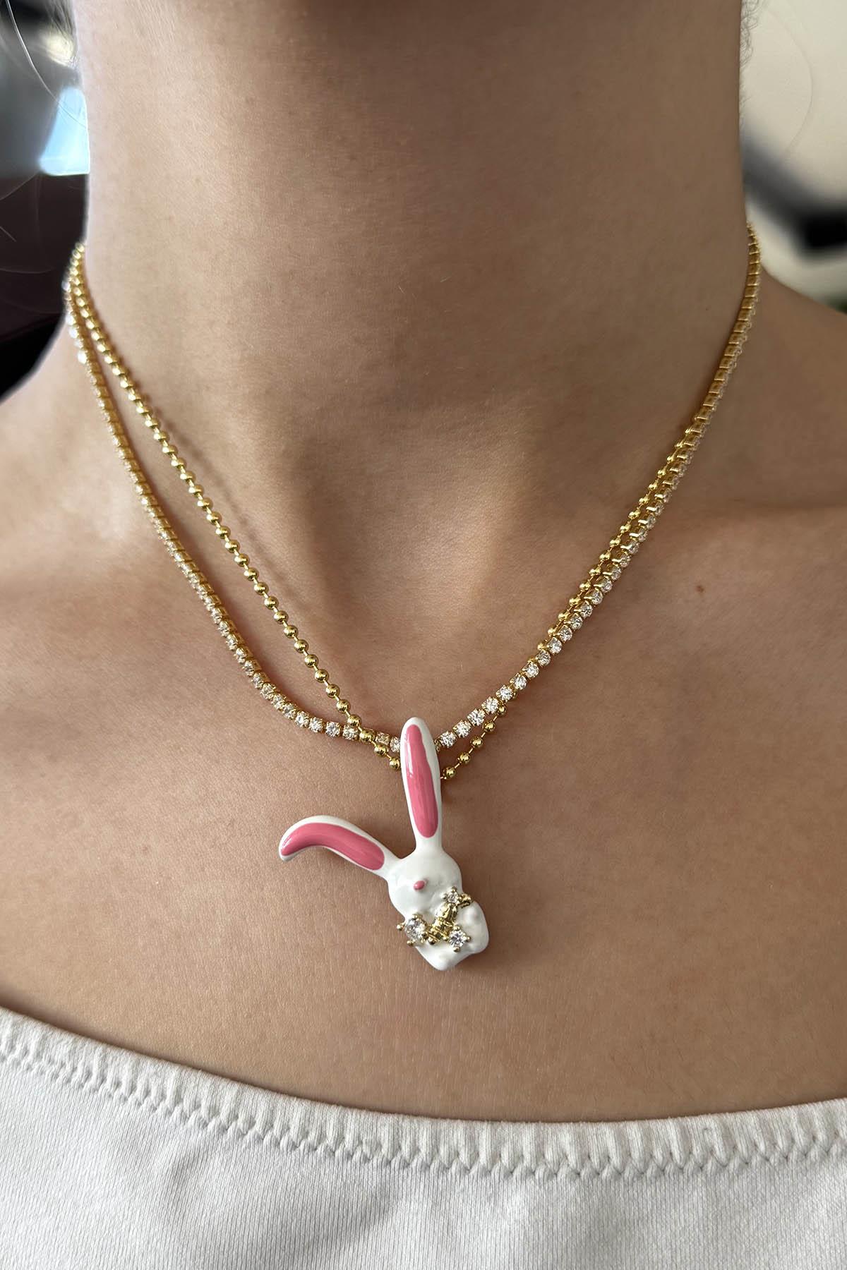 Altın Renk Tavşan Figürlü Taş Detaylı 14K Altın Kaplama TX Kolye