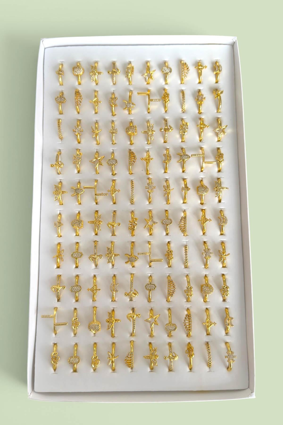 100'lü Altın Renk Karışık Figürlü Ayarlanabilir Yüzük Set