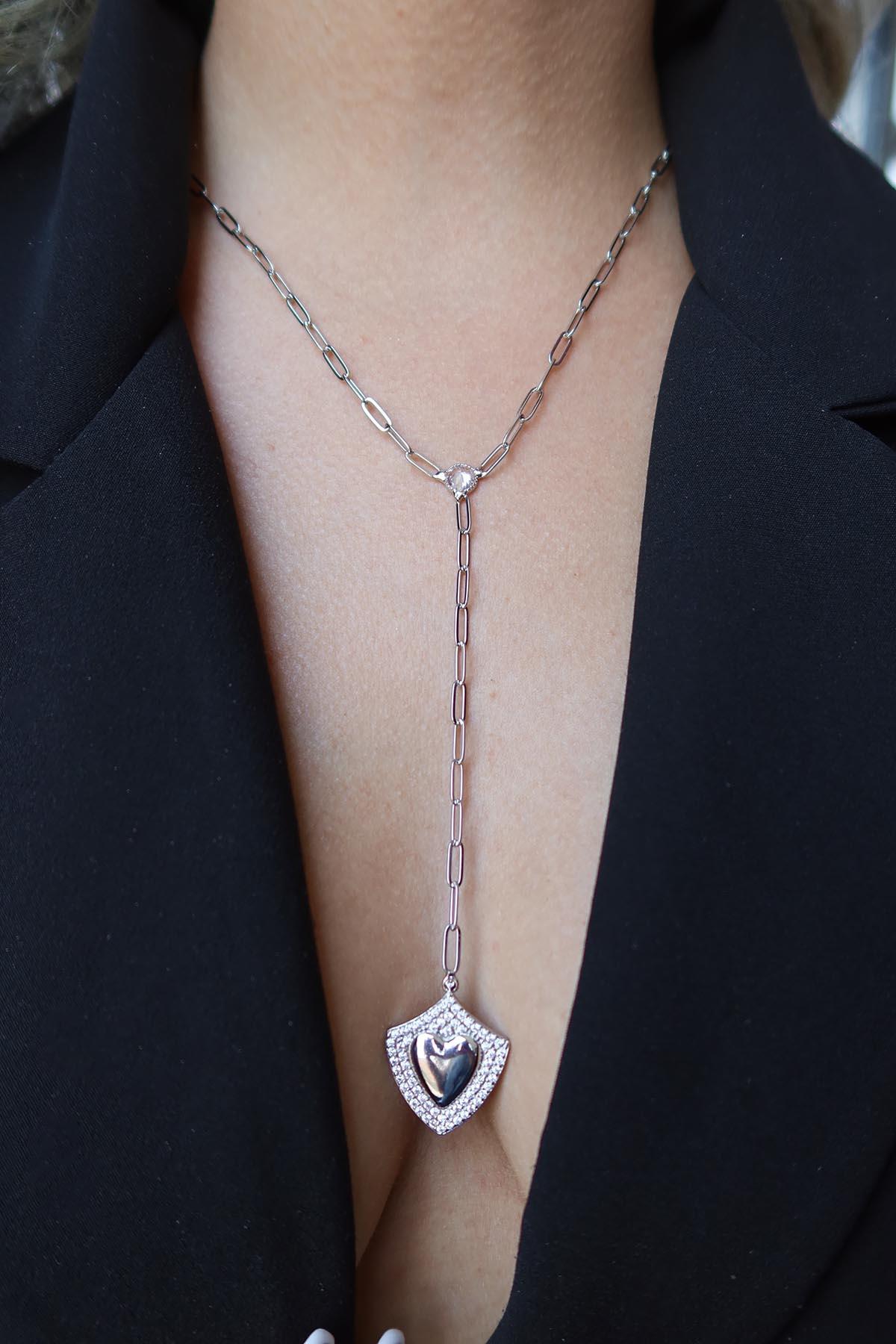 Gümüş Renk Kalp Figürlü Taş Detaylı Y Kolye