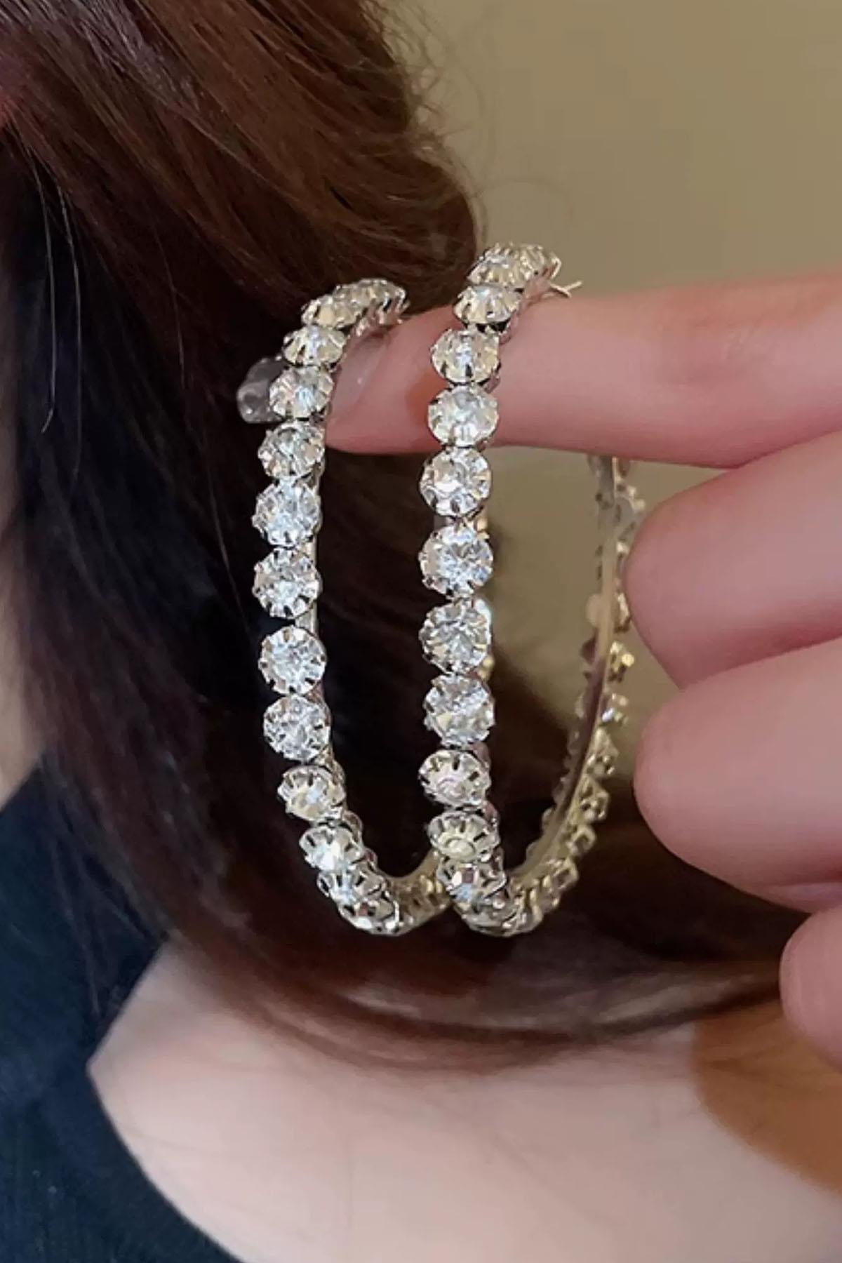 Gümüş Renk Taş Detaylı Halka Küpe 40Mm (Çift)