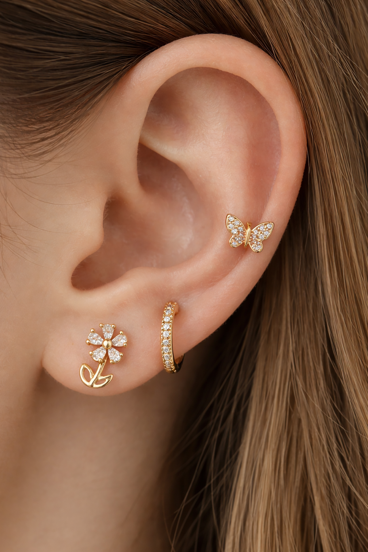 Altın Renk Karışık Figürlü Taş Detaylı 3'lü YSX Küpe Set