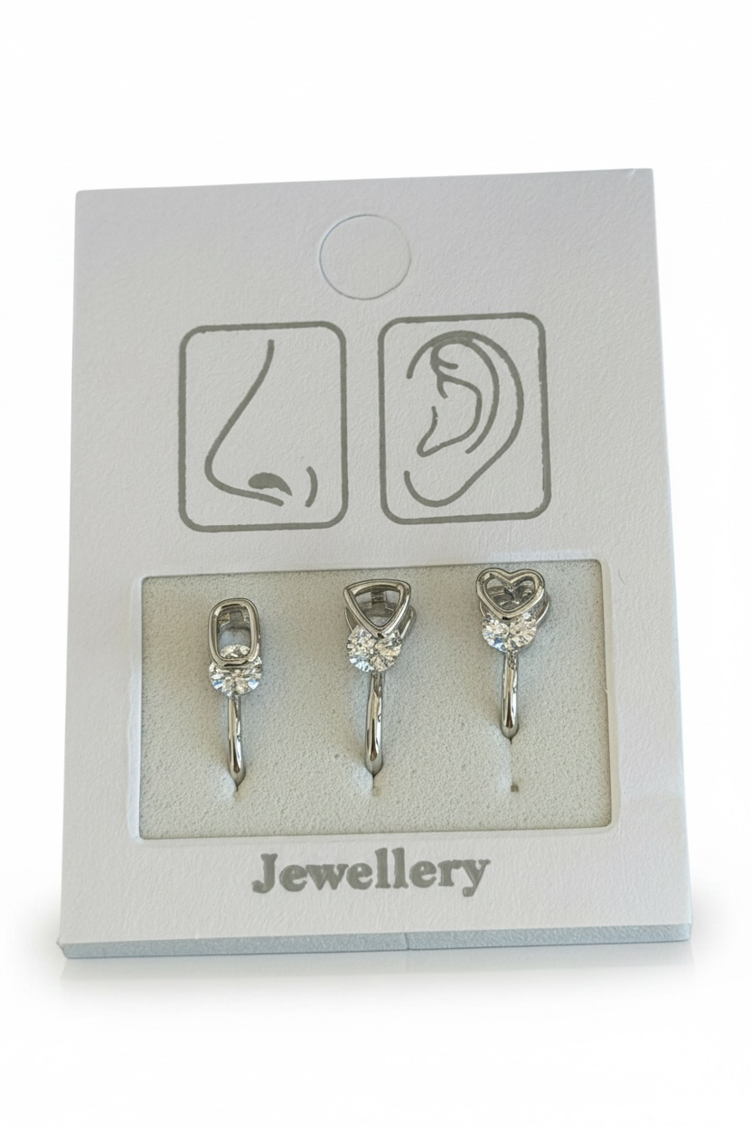 Gümüş Renk Karışık Figürlü Deliksiz Kulak/Burun 3'lü Piercing Set