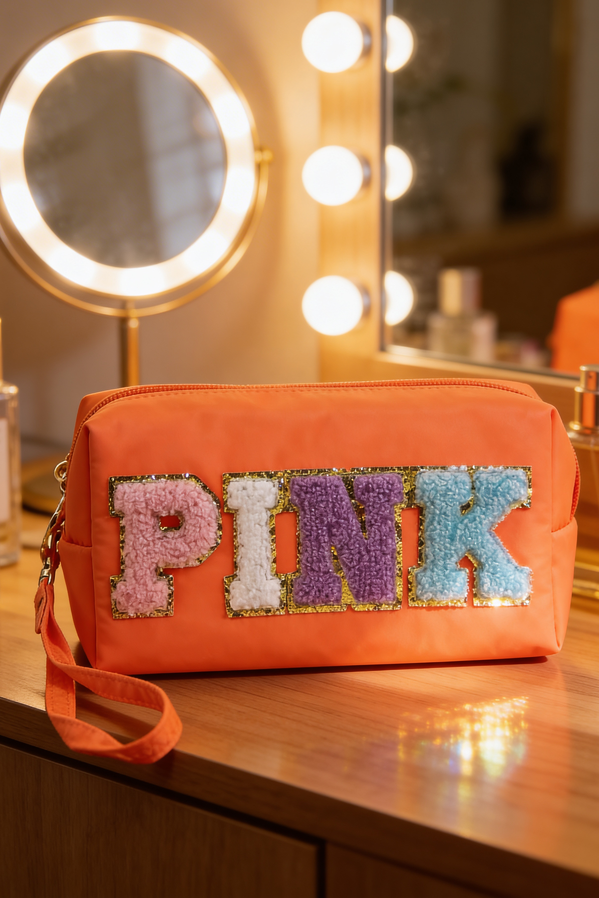 Turuncu Renk Pink Yazılı Makyaj Çantası