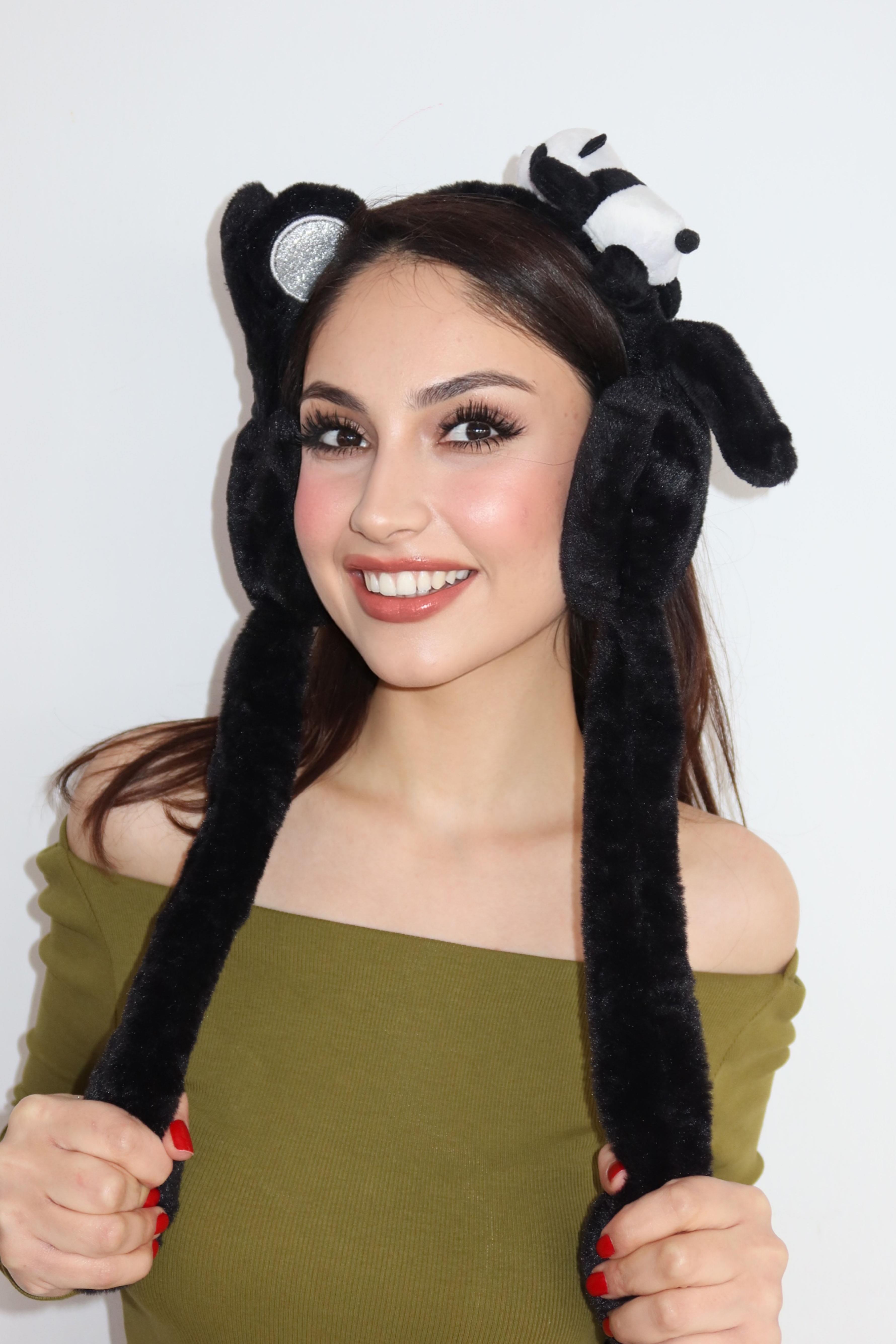 Siyah Renk Panda Figürlü Kulakları Oynayan Peluş Taç
