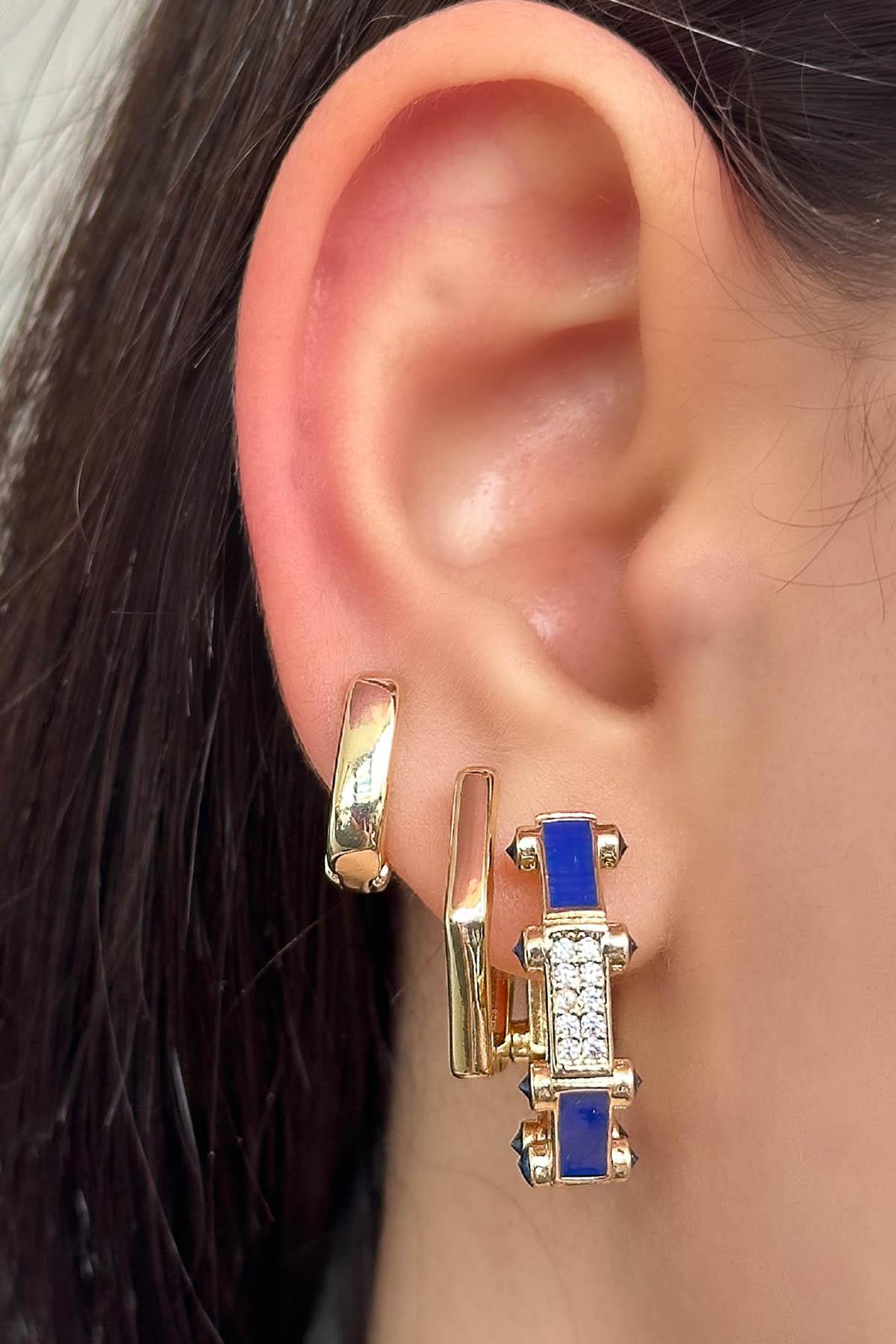 Altın Renk Taş Detaylı 3'lü YSX Küpe Set