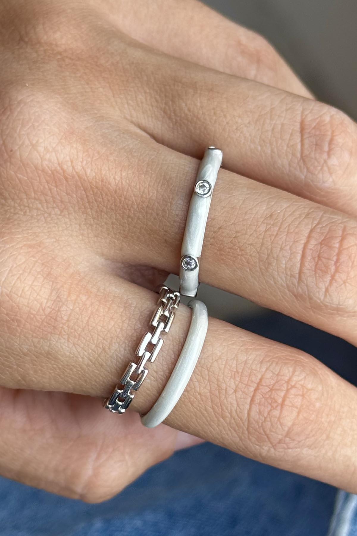 Gümüş Renk Mineli Ayarlanabilir İkili Yüzük