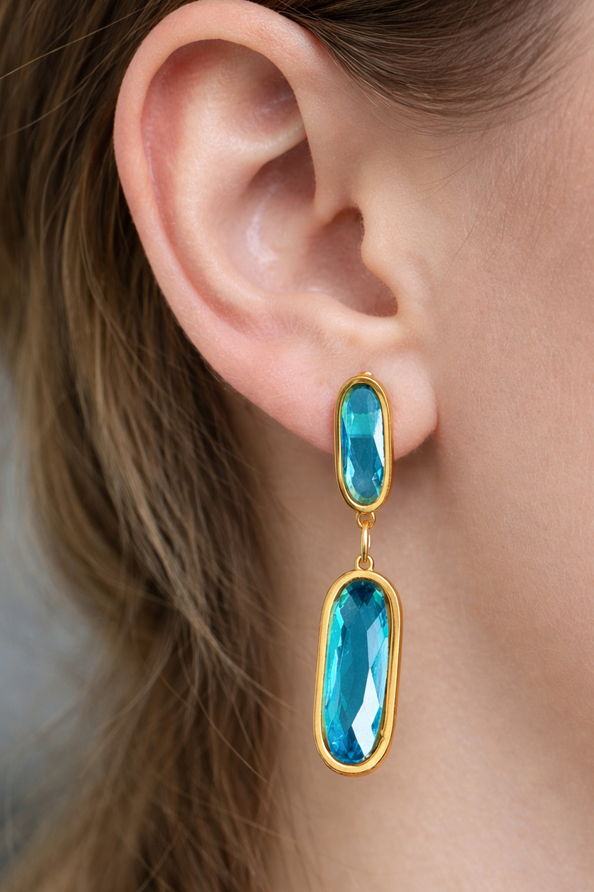 Altın Renk Mavi Taş Detaylı Çelik Küpe (Çift)