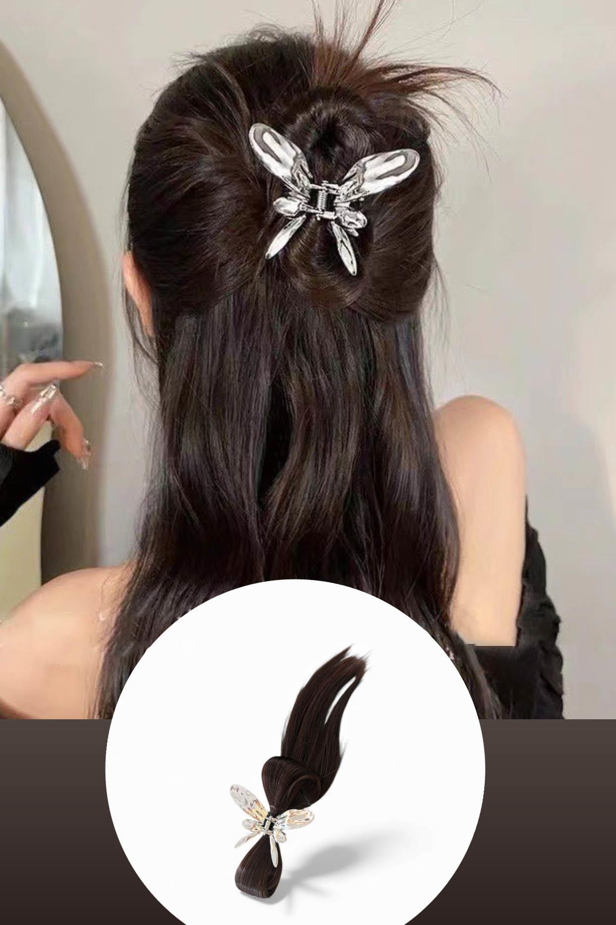 Koyu Kahve Renk Dağınık Topuz Efektli Saç Eklentisi Kelebek Figürlü Mandal Toka